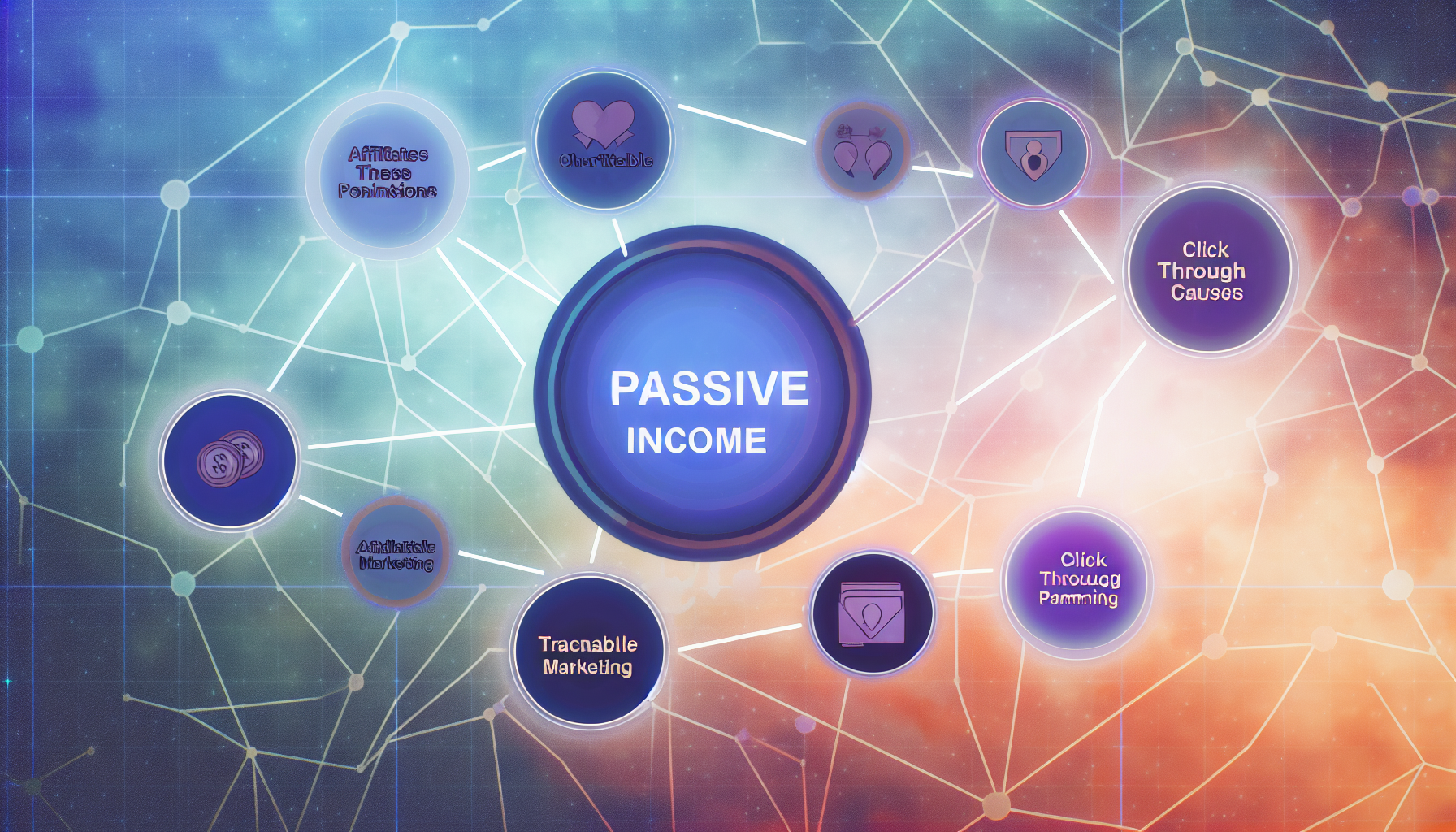 Visualisieren Sie das Konzept des passiven Einkommens vor dem Hintergrund eines Netzwerks, das wohltätige Spenden darstellt. Fügen Sie Elemente hinzu, die das Affiliate-Marketing repräsentieren, wie z. B. klickbare Banner, nachverfolgbare URLs und E-Mail-Kampagnen. Das Gesamtthema des Bildes sollte die clevere Verflechtung von Leidenschaften, Anliegen und modernen digitalen Marketingtechniken darstellen. Die Farben sollten sanft und beruhigend sein, um die Ruhe und Sicherheit des passiven Einkommens zu repräsentieren.