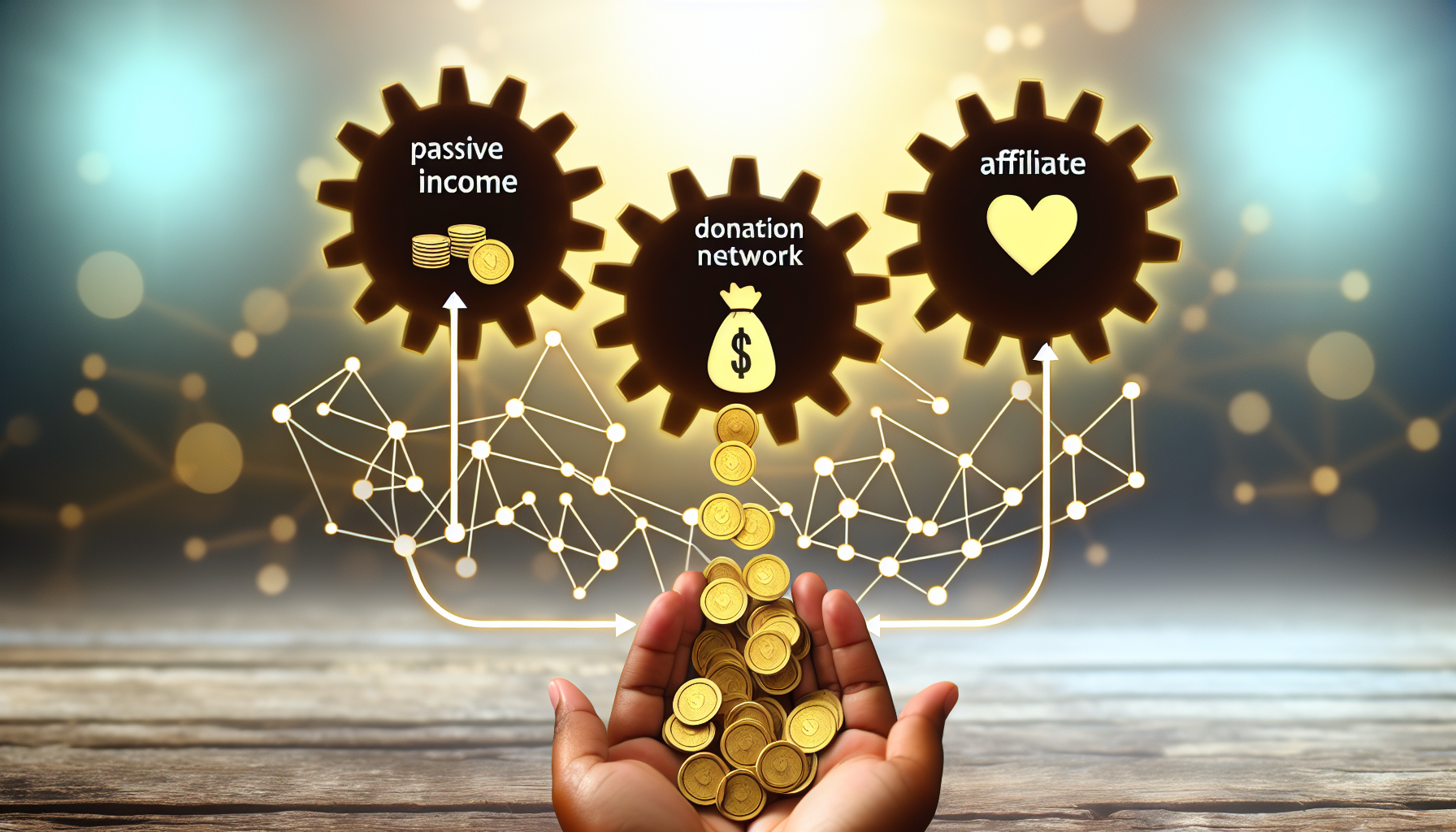 Eine illustrative Darstellung, die eine Kombination aus passivem Einkommen, einem Spendenetzwerk und Affiliate-Marketing zeigt. Visualisieren Sie diese drei Elemente als miteinander verbundene Zahnräder in einer Maschine, die sich gegenseitig antreiben. Das Zahnrad für 'passives Einkommen' könnte durch eine goldene Münze symbolisiert werden, die kleinere Münzen ausgießt. Das 'Spendenetzwerk' könnte durch Hände dargestellt werden, die ein Herzsymbol weitergeben, und 'Affiliate-Marketing' könnte durch ein Netz von miteinander verbundenen Knoten dargestellt werden, mit Pfeilen, die auf ein Produkt zeigen. Die Atmosphäre sollte positiv sein, und die Maschine sollte in einer lebhaften Umgebung stehen, in die natürliches Licht strömt.