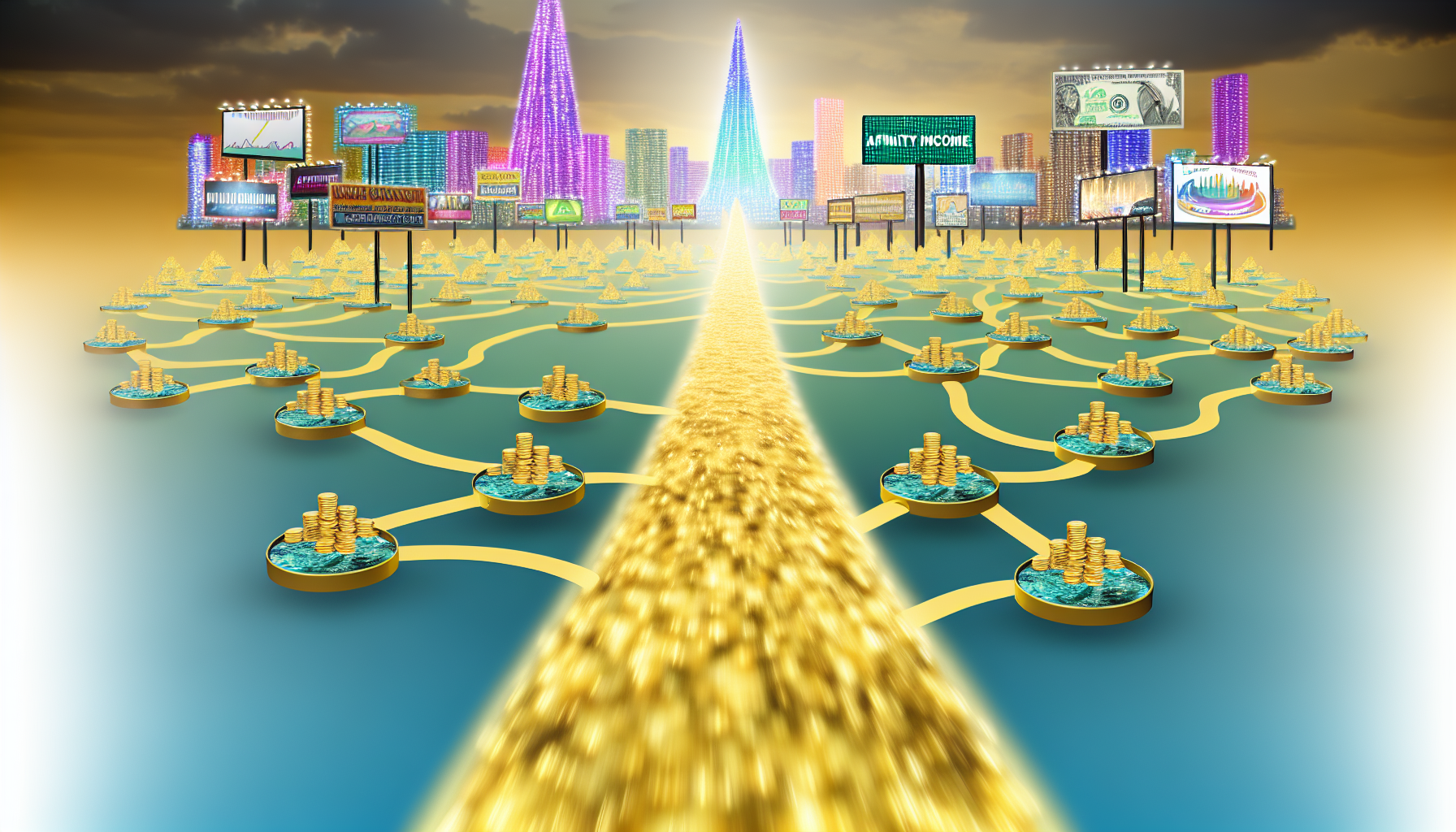 Visualisieren Sie ein Konzept, bei dem passives Einkommen in Form eines fließenden goldenen Flusses dargestellt wird. Am Ufer des Flusses gibt es ein Netzwerk verschiedener Wohltätigkeitsorganisationen, die durch unterschiedliche Strukturen repräsentiert werden und Portionen dieses goldenen Flusses in ihren Reservoirs empfangen. In der Ferne erstreckt sich eine weitläufige digitale Stadt, die das Konzept des Affiliate-Marketings verkörpert, mit Werbetafeln, funkelnden Neonlichtern und hohen Türmen mit leuchtenden Bildschirmen, die verschiedene Produkte bewerben.