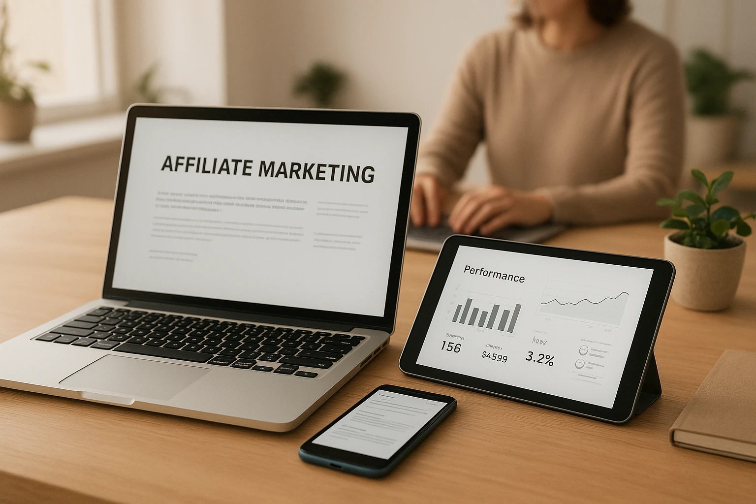 Fotorealistische Darstellung eines Online-Business-Starts mit Affiliate Marketing: Laptop, Tablet und Smartphone auf einem aufgeräumten Tisch, auf den Bildschirmen neutrale Webseiten und Performance-Statistiken, Person im Hintergrund unscharf, moderne, helle Raumgestaltung, natürliche Farbtöne, angenehme warme Lichttemperatur, glaubwürdig und nicht inszeniert.