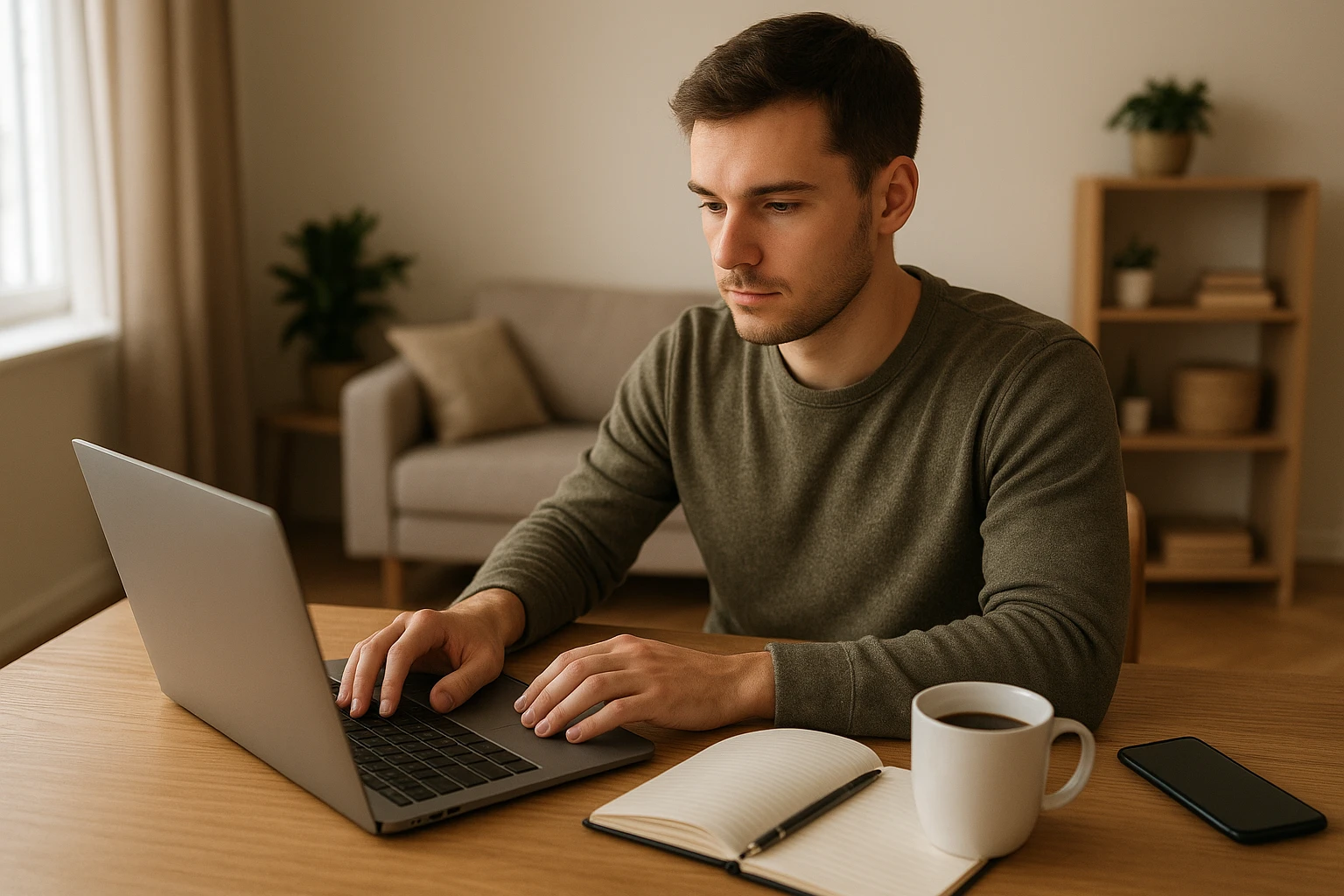 Fotorealistisches Bild eines jungen Erwachsenen im Homeoffice, der an einem Laptop sitzt und über Affiliate Marketing recherchiert, neben ihm Notizbuch, Kaffeetasse und Smartphone, natürliche Wohnungsumgebung, warmes neutrales Tageslicht, realistische Hauttöne, moderne aber unaufdringliche Einrichtung, keine Logos, keine eingeblendeten Texte.