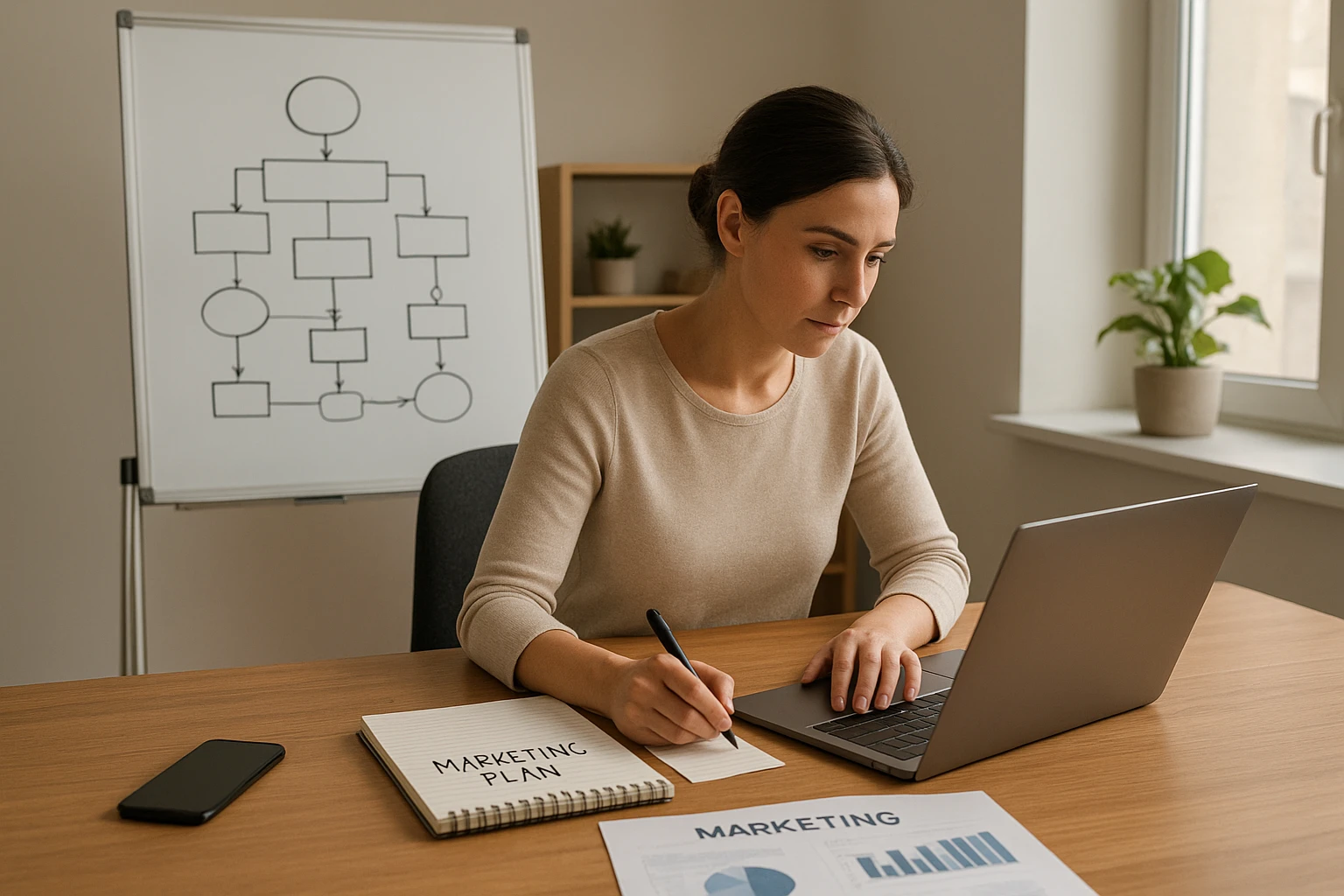 Realistische Szene eines kleinen Teams oder einer Einzelperson, die eine Online-Marketing-Strategie plant, mit Laptop, Whiteboard mit schematischen Diagrammen ohne Text, Smartphone und Marketing-Notizen, modernes Homeoffice oder Coworking-Space, natürliche Farben, angenehme neutrale Lichtstimmung, hochwertig fotorealistisch.