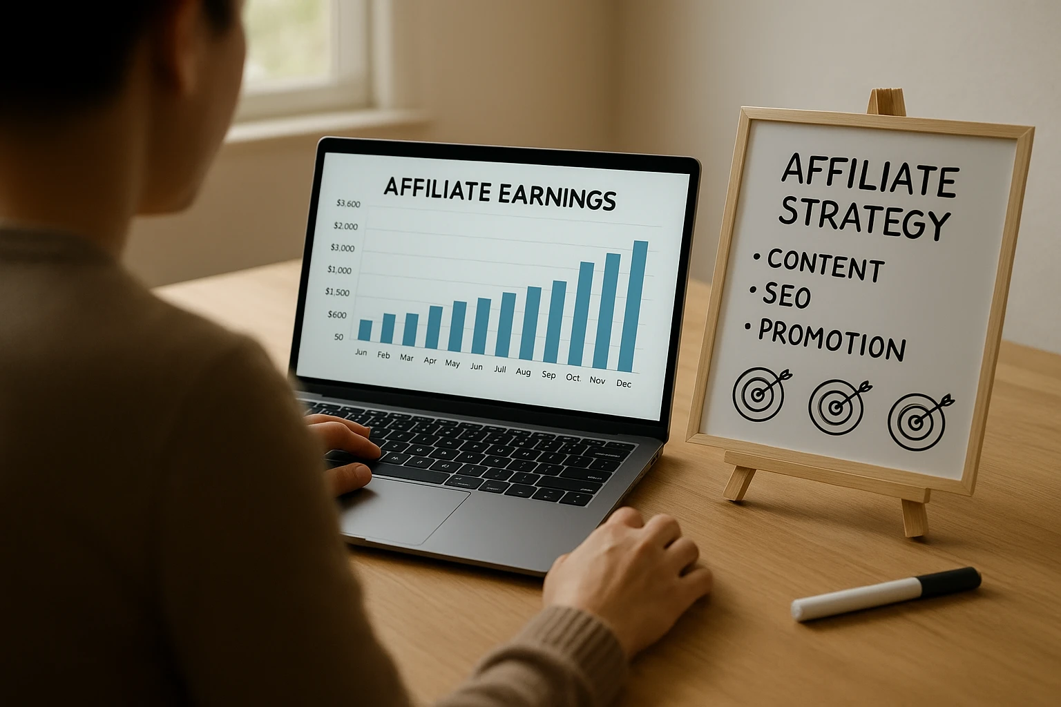 Authentische, fotorealistische Szene zum Thema online Geld verdienen: Person analysiert Affiliate-Einnahmen am Laptop, daneben ein kleines Whiteboard mit Strategie-Punkten und Zielmarken, ruhiger Fokus, natürliche Beleuchtung am späten Vormittag, realistische Farben, warme neutrale Tonalität, professionell und glaubwürdig.