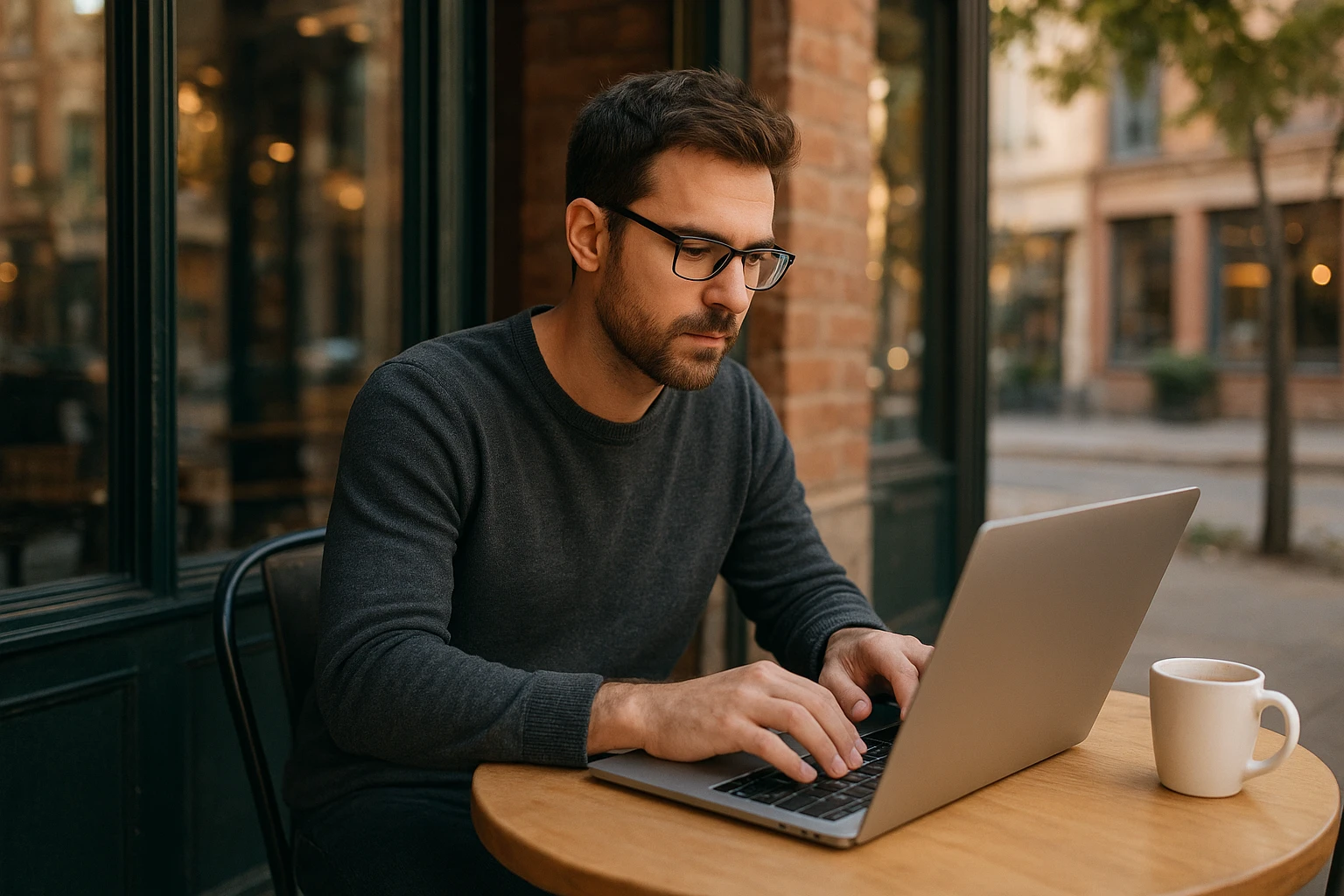 Fotorealistisches Außenbild eines Menschen im Café, der mit Laptop an einem Tisch sitzt und an Affiliate-Marketing-Projekten arbeitet, gemütliche urbane Umgebung, natürliche Reflexionen, harmonische Farbtemperatur, authentisches online business feeling, keine Logos, keine lesbaren Schilder.