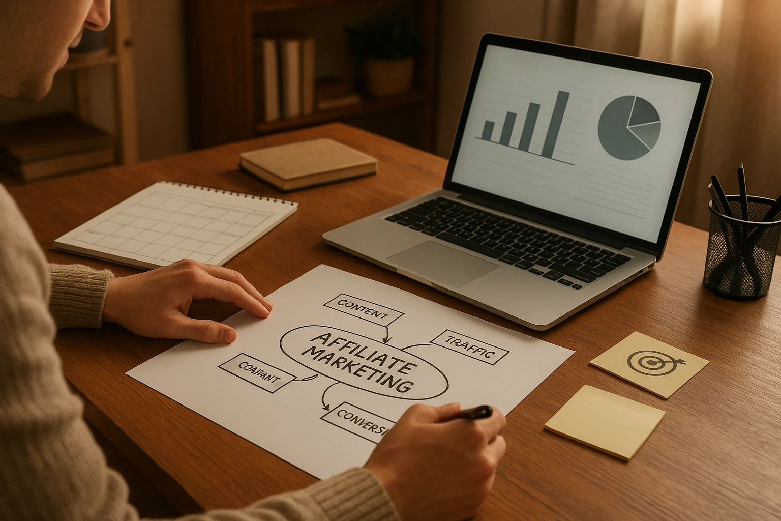 Natürliche, realistische Szene in einem gemütlichen Arbeitszimmer: ein Mensch plant eine Affiliate-Marketing-Strategie auf Papier und Laptop, mit Diagrammen, Zielnotizen und Content-Kalender, ruhige professionelle Stimmung, ausgewogene warme Beleuchtung, realistische Farben und Details, kein Text im Bild, keine Marken.