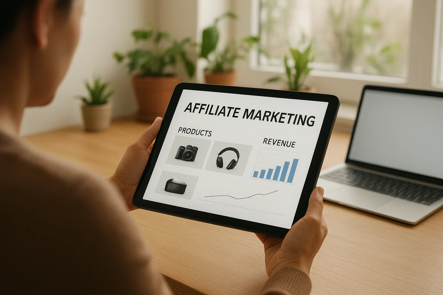 Fotorealistisches Bild einer Person, die auf einem Tablet Produktseiten und Einnahmequellen für Affiliate Marketing prüft, im Hintergrund ein heller Arbeitsplatz mit Pflanzen und Laptop, klare natürliche Beleuchtung, dezente warme Farbtemperatur, glaubwürdig und alltäglich, keine Logos, keine lesbaren Markenname.