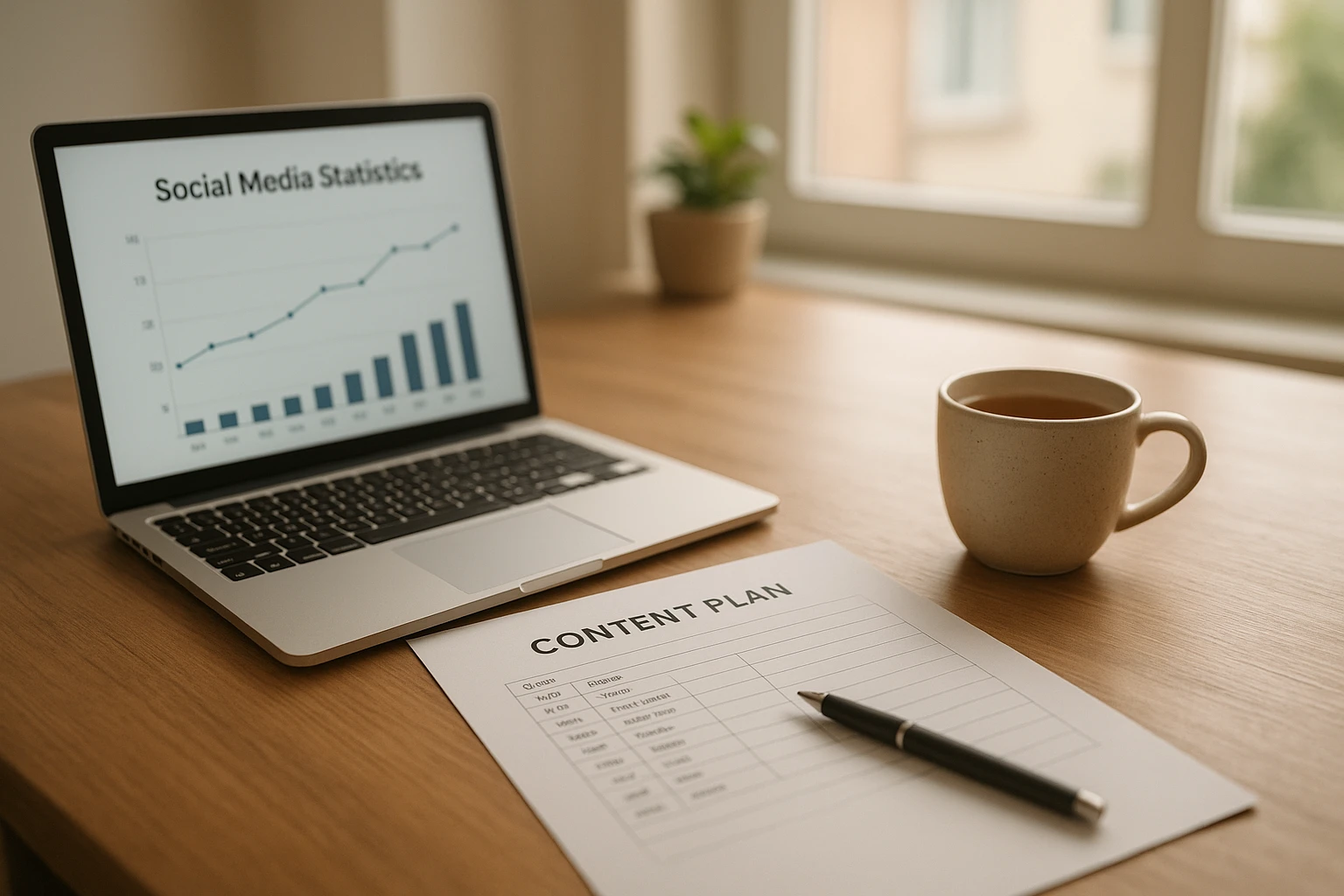 Fotorealistisches Bild für einen Artikel über Affiliate Marketing starten: inspirierende, aber natürliche Arbeitsszene mit Laptop, Content-Plan, Social-Media-Statistik und einer Tasse Tee auf einem Holzschreibtisch, helles Fensterlicht, warme neutrale Farbtemperatur, moderne Wohnung, realistische Tiefenschärfe, keine Marken, keine überladenen Elemente.