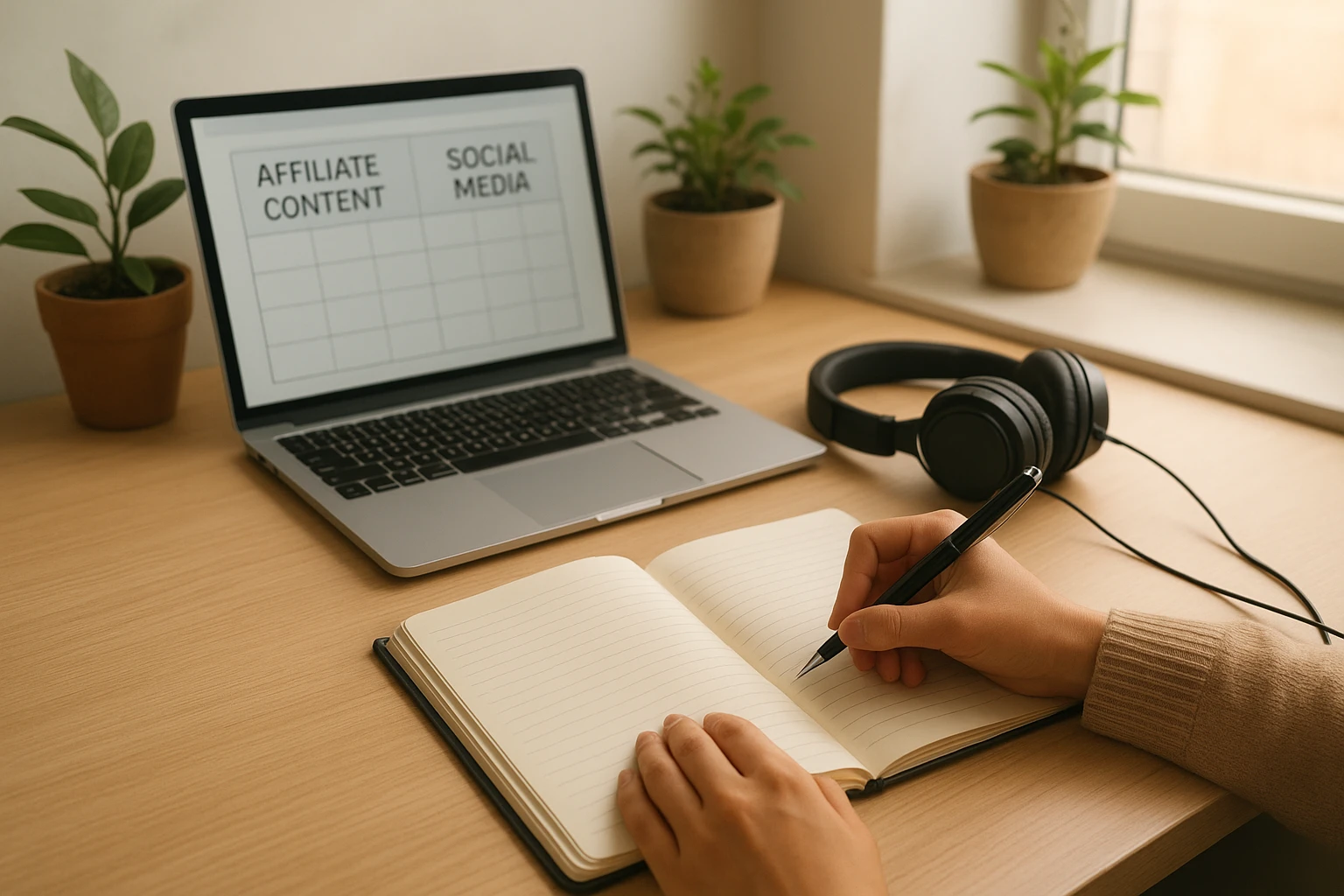 Realistische Szene eines Schreibtisches mit Laptop, Headset, Notizbuch und Pflanzen, eine Person plant Affiliate-Content und Social-Media-Beiträge, helle Tageslichtatmosphäre, warmes und ausgewogenes Farbprofil, professionelle aber natürliche Bildsprache, keine Marken, keine Texte.