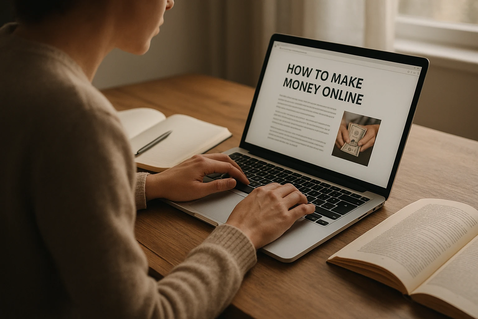 Realistische Szene einer Person beim Erstellen eines Blogartikels am Laptop, um online Geld zu verdienen, mit offenem Notizbuch und Recherchematerial auf dem Tisch, dezente Technik, weiches Tageslicht, natürliche Haut- und Farbtöne, hochwertig und ungestellt.