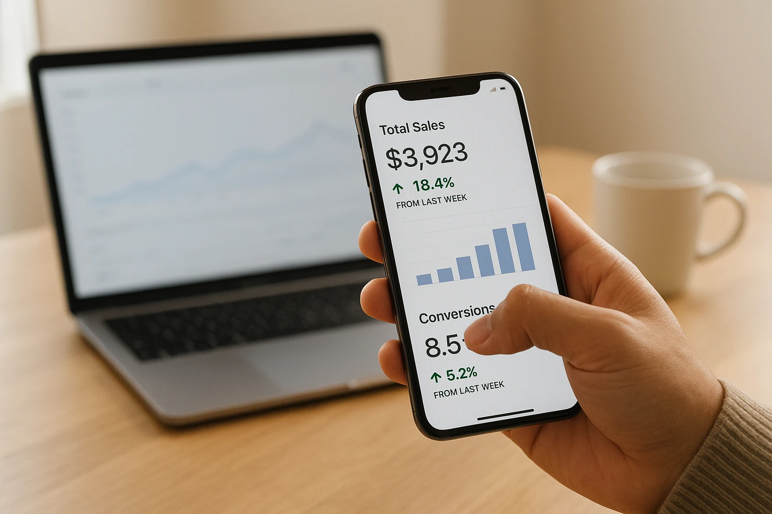 Fotorealistisches Lifestyle-Bild zum Thema online Geld verdienen mit Affiliate Marketing: Person prüft auf dem Smartphone Verkaufszahlen und Conversion-Daten, während im Hintergrund ein Laptop auf einem Schreibtisch steht, dezente Erfolgsausstrahlung, natürliche Lichtverhältnisse, neutrale bis leicht warme Farbtemperatur, realistische Hauttöne und Umgebung, keine Branding-Elemente.