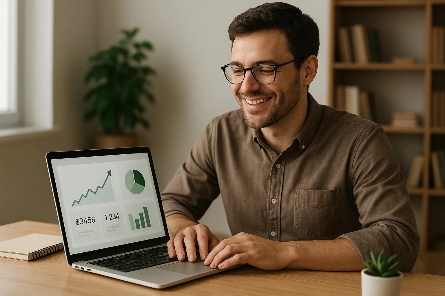 Fotorealistisches Bild einer zufriedenen Person in einem Homeoffice, die nach getaner Arbeit auf einen Laptop blickt, neben dem ein sauberes Dashboard mit steigenden Kennzahlen angedeutet wird, Symbolik für online Geld verdienen durch Affiliate Marketing, natürliche Farben, realistische Beleuchtung, kein künstlicher Look.