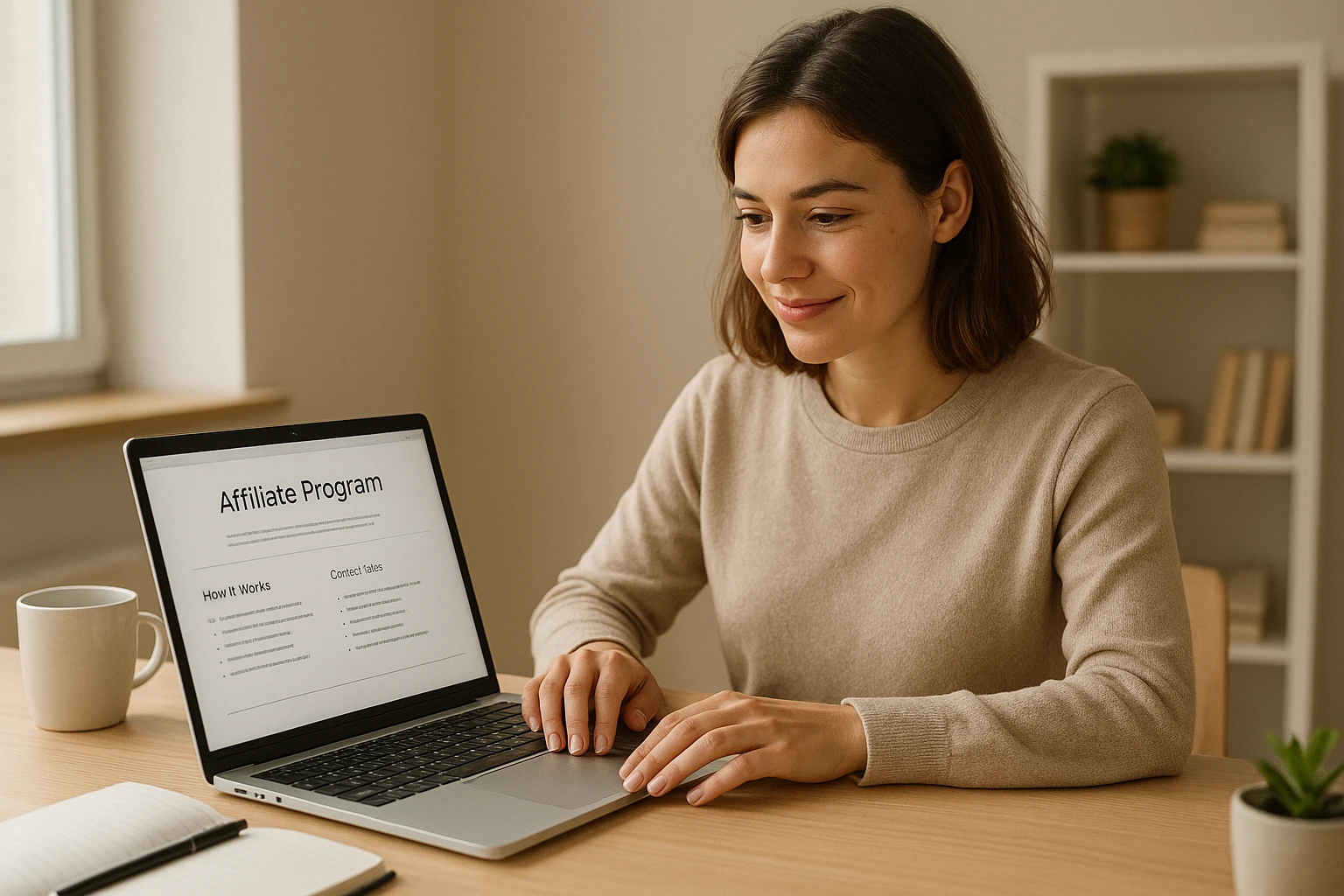Fotorealistisches Bild einer jungen Unternehmerin oder eines jungen Unternehmers, der online Geld verdienen recherchiert: sitzt an einem hellen Schreibtisch, scrollt am Laptop durch Affiliate-Programminformationen und Content-Ideen, entspannte, authentische Arbeitsatmosphäre, natürliche Farben, ausgewogene warme Lichtstimmung, realistisch und glaubwürdig.