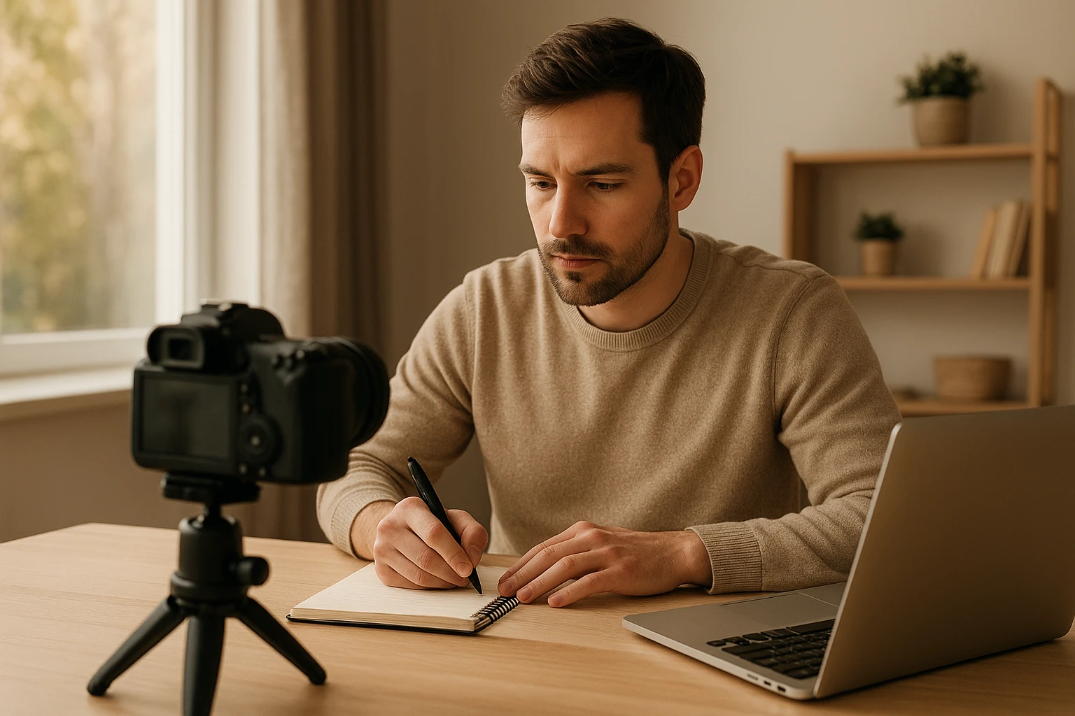 Fotorealistisches Porträt einer Frau oder eines Mannes, der konzentriert Inhalte für Affiliate Marketing erstellt, mit Kamera, Notizblock und offenem Laptop auf einem hellen Schreibtisch, entspannte Arbeitsatmosphäre im Homeoffice, natürliche Fensterbeleuchtung, warme Farbtöne, authentische Details.