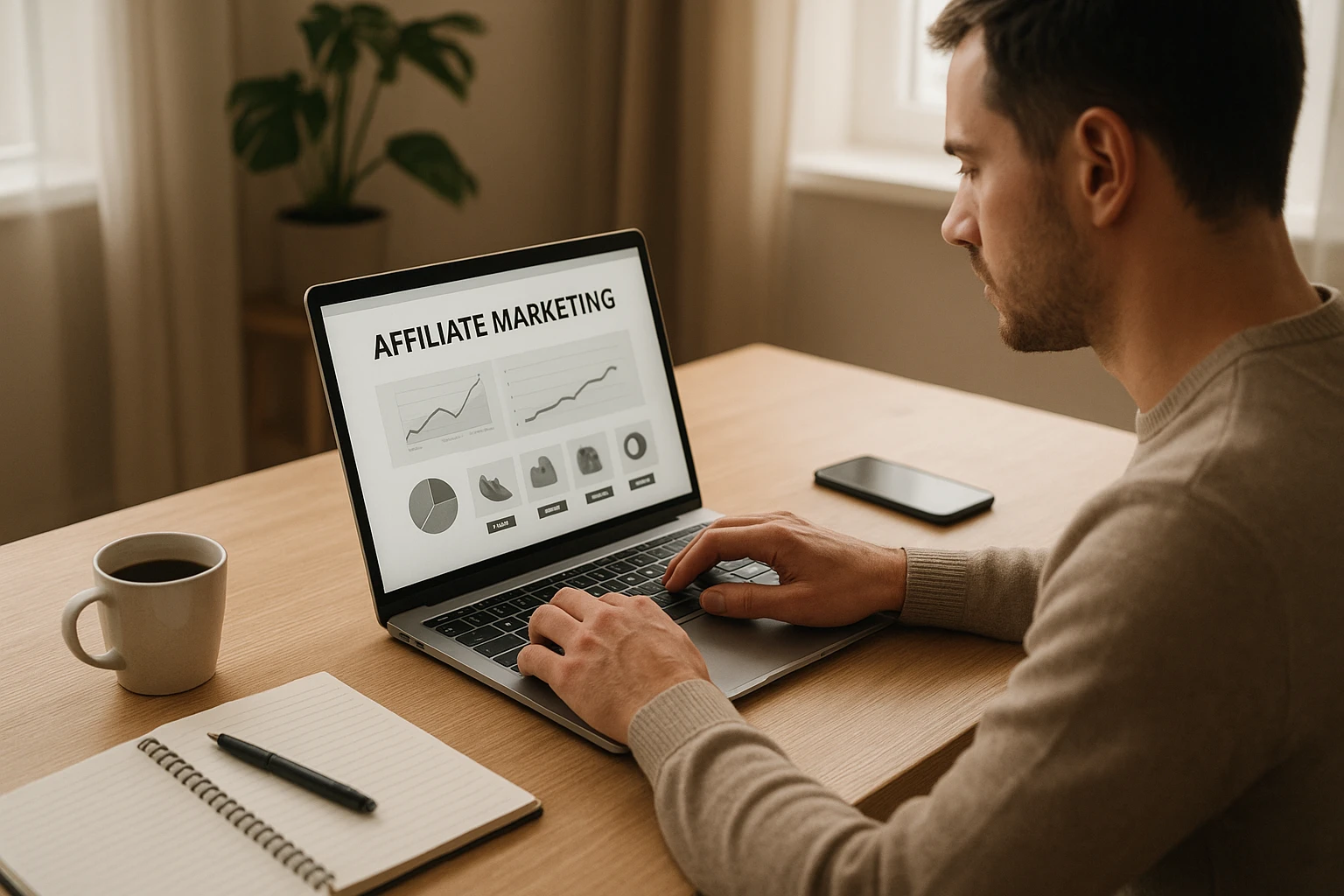 Fotorealistische Szene eines modernen Home-Office-Arbeitsplatzes zum Thema Affiliate Marketing starten: Person sitzt konzentriert am Laptop, auf dem Bildschirm sind neutrale Analytics-Diagramme und eine Website mit Produktlinks zu sehen, daneben Notizblock, Kaffeetasse und Smartphone, natürliche Tageslichtbeleuchtung, warme neutrale Farbtemperatur, realistische Details, keine Logos, keine Marken.