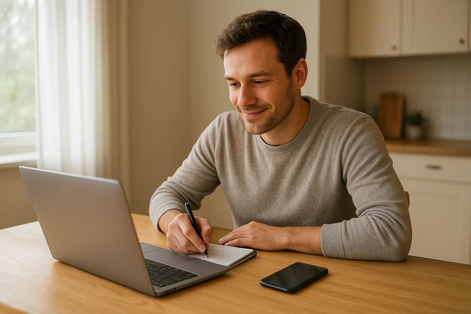 Realistische Aufnahme eines Menschen, der mit Affiliate Marketing online Geld verdienen lernt: am Küchentisch mit Laptop, Notizen und Smartphone, leichtes Lächeln, konzentrierte Haltung, Tageslicht von einem Fenster, natürliche Farben, warme aber nicht gelbe Beleuchtung, authentische Alltagsszene, ohne Logos und ohne übertriebene Effekte.