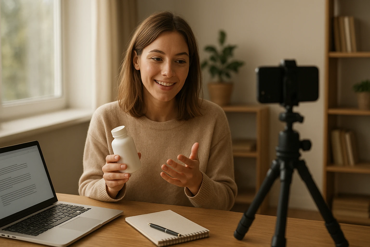 Fotorealistisches Bild einer kleinen Content-Creator-Session für Affiliate Marketing starten: Person filmt oder fotografiert ein Produktreview am Schreibtisch mit Kamera oder Smartphone-Stativ, Laptop offen mit Textentwurf, natürliches Fensterlicht, warme realistische Farbtemperatur, authentische Wohnungsszene, keine Logos, keine Marken, hochwertige Redaktion-Optik.