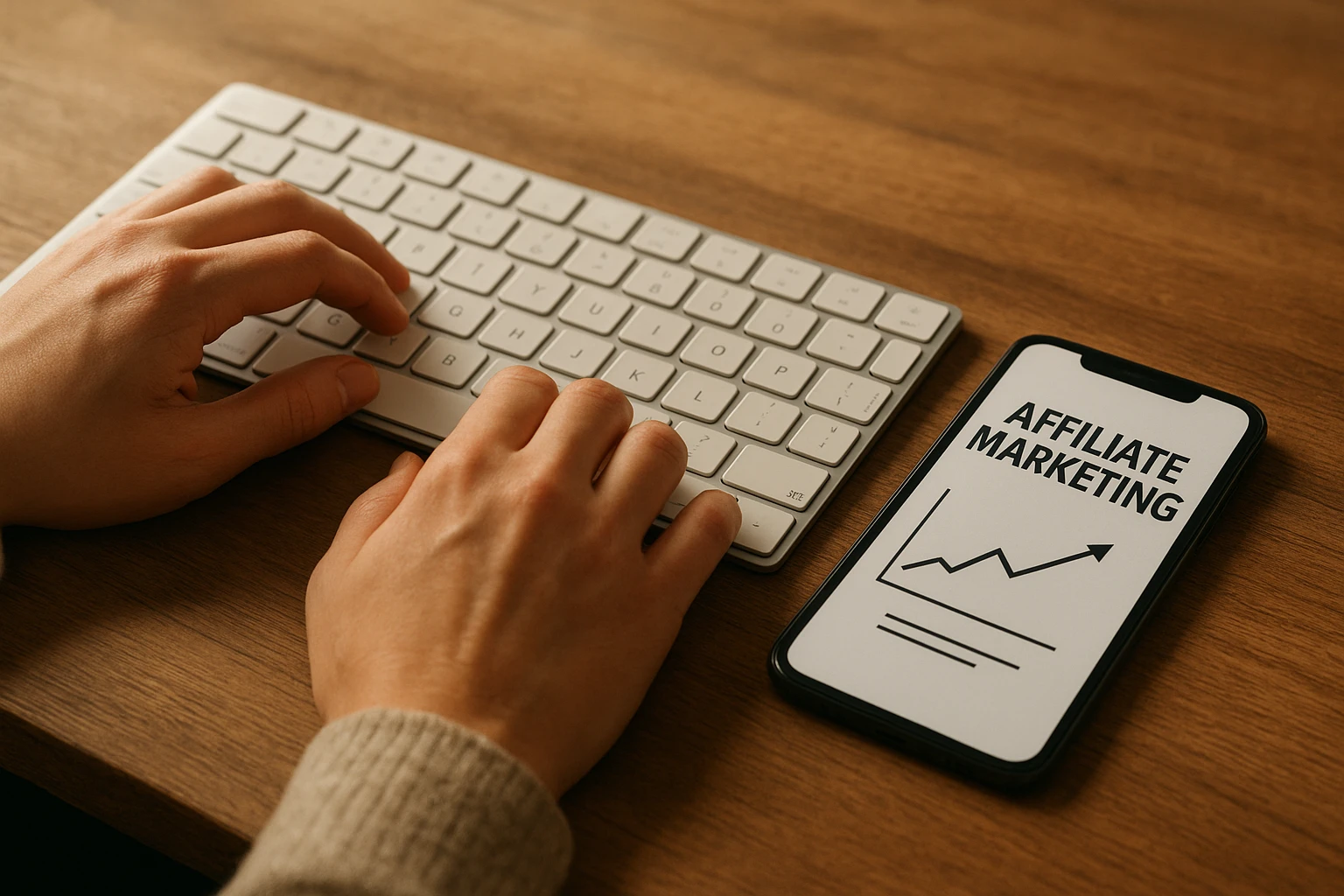 Realistische Nahaufnahme von Händen auf einer Tastatur mit Smartphone daneben, während eine Person Affiliate-Marketing-Content plant, Fokus auf Arbeitssituation, moderne technische Geräte, natürliche Materialien, sanfte warm-neutrale Lichtstimmung, authentische Details, hoher Realismus.