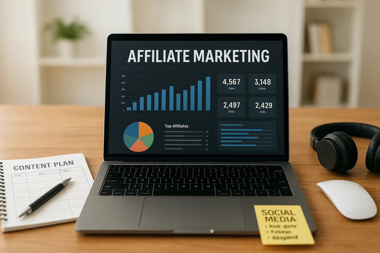 Realistische Nahaufnahme eines Arbeitsplatzes für Affiliate Marketing: Laptop mit geöffnetem Dashboard, daneben Inhaltsplan, Social-Media-Notizen, Maus und Kopfhörer, im Hintergrund unscharf ein heller Raum mit Pflanze und Regal, natürliche Tageslichtfarbe, sauber, modern, authentisch, keine sichtbaren Marken oder Logos.