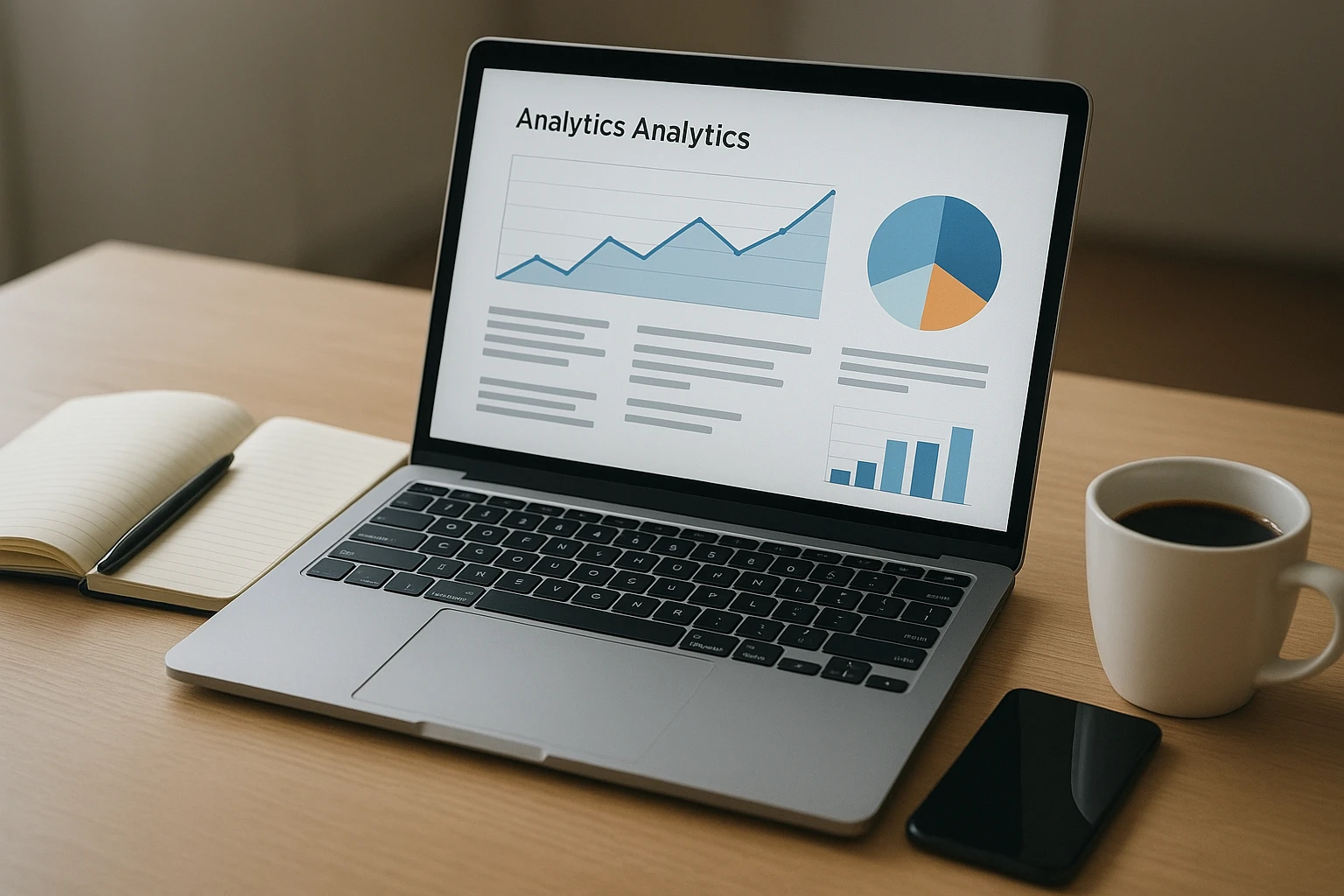 Realistische Szene eines digitalen Arbeitstisches mit Laptop, Notizen, Smartphone und einer Tasse Kaffee, auf dem Bildschirm eine neutrale Analyse- und Dashboard-Ansicht zum Online-Geldverdienen über Affiliate Marketing ohne lesbare Marken oder Texte, saubere Komposition, natürliche Farben, ausgewogene Farbtemperatur, fotorealistisch.