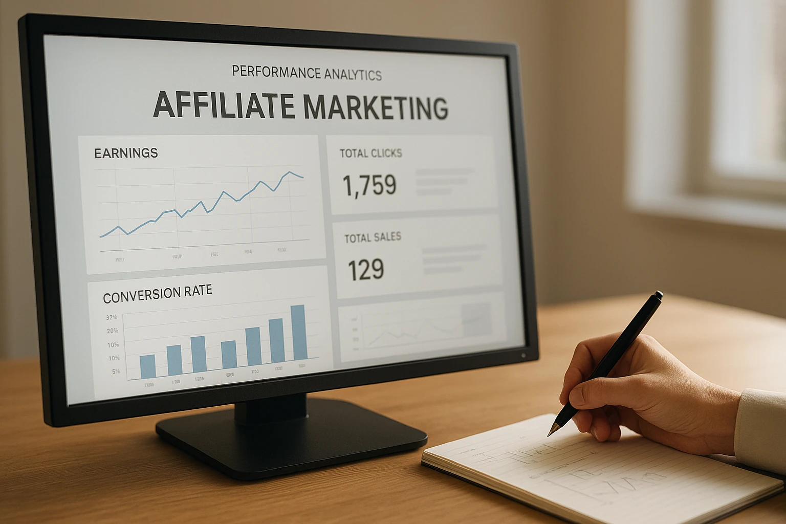 Realistische Detailaufnahme eines Monitors mit Performance-Analytics für Affiliate Marketing, daneben eine Hand mit Stift über Notizen, dezente Charts, klare aber nicht lesbare UI-Elemente, saubere moderne Optik, natürliches Licht, neutrale und warme Farbtemperatur, fotorealistisch.