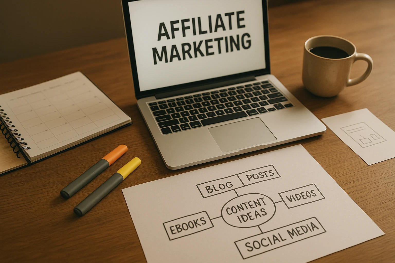 Realistische Aufnahme eines Schreibtischs mit Affiliate-Marketing-Planung: Laptop, Kalender, Markierstifte, Kaffeetasse und Skizzen für Content-Ideen, seriös und modern, keine Logos, kein Wasserzeichen, natürliche Farbtemperatur, warme, aber echte Lichtstimmung, hochwertige Editorial-Fotografie.