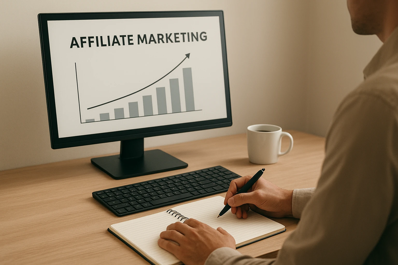 Realistic office-style photo illustrating affiliate marketing startup concepts: a person analyzing commission growth graphs on a monitor, taking notes with a pen, coffee cup and minimal desk setup, soft neutral lighting, natural skin tones, realistic composition, no readable text or logos.