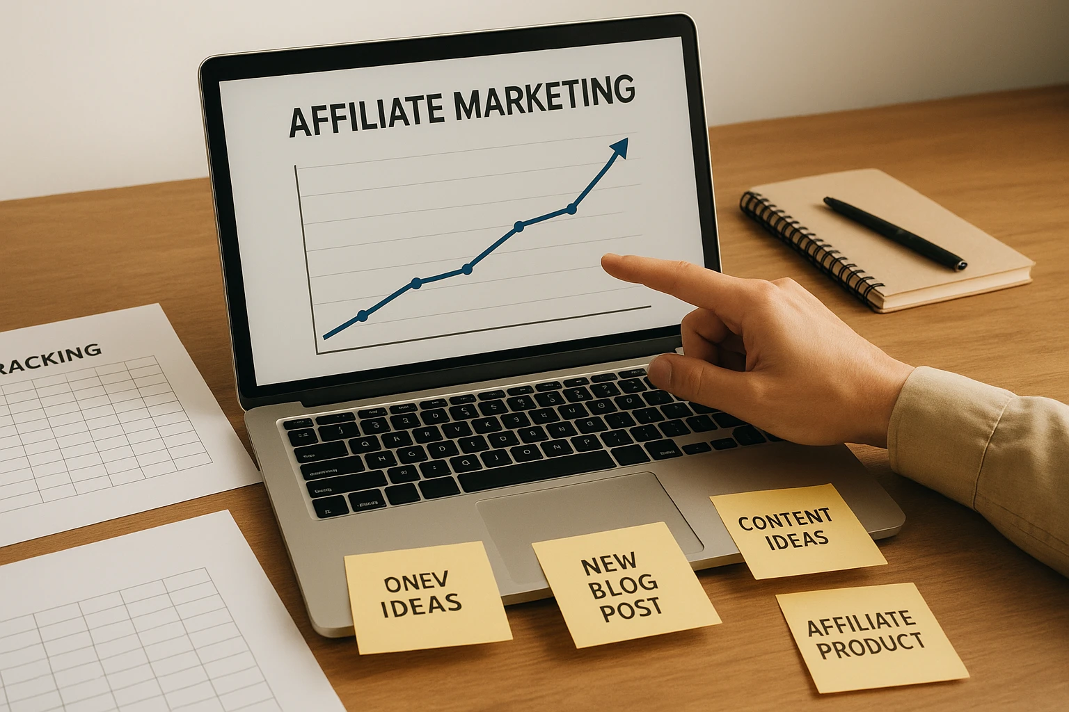 Realistische Illustration eines digitalen Workflows für Affiliate Marketing starten: Laptop, Tracking-Tabellen, Content-Ideen auf Haftnotizen, eine Hand zeigt auf ein Diagramm mit ansteigender Kurve, sachliche Darstellung ohne übertriebene Effekte, natürliche Farben, warm-neutraler Weißabgleich, hochwertige Stock-Fotografie-Ästhetik.