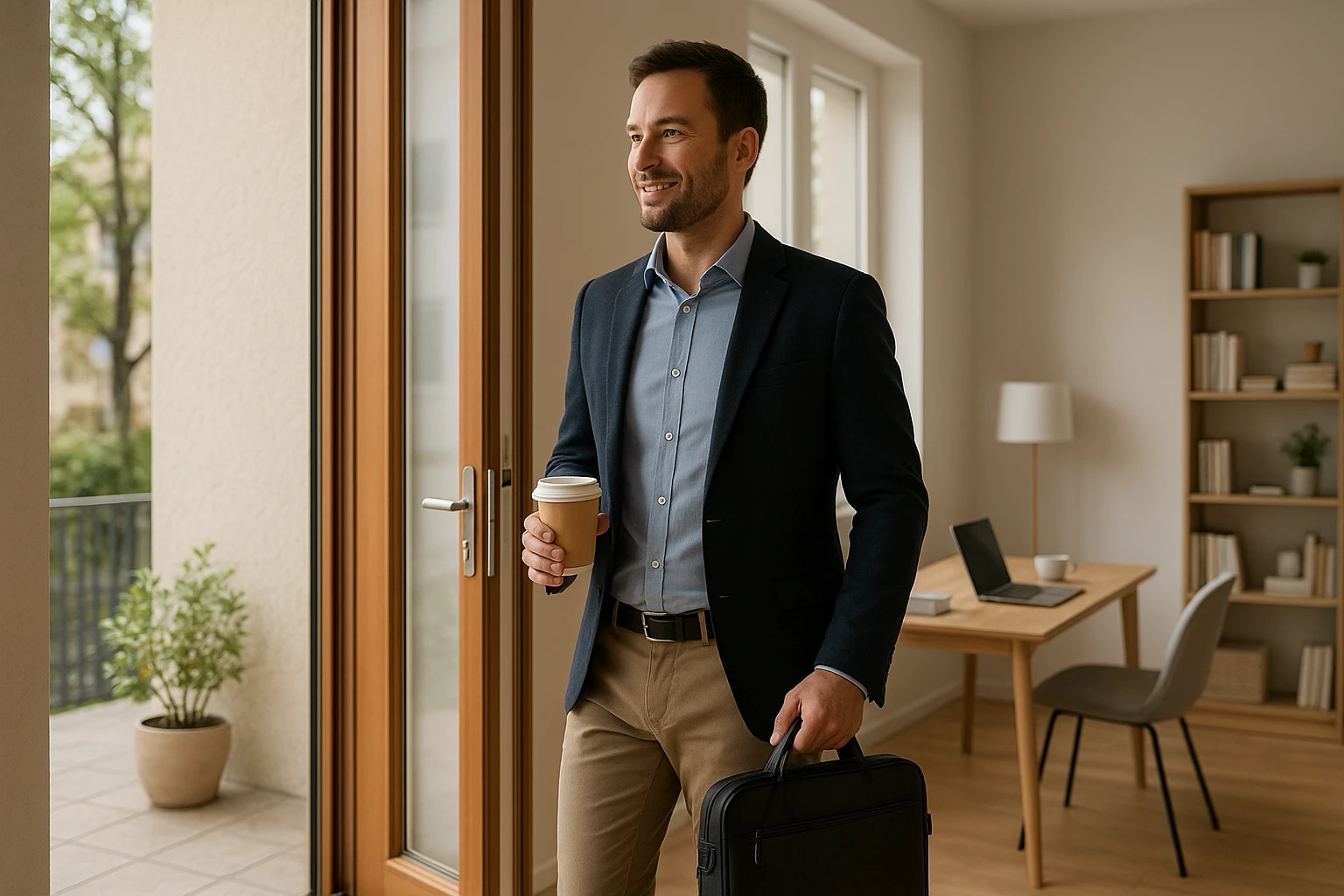 Realistic outdoor-to-indoor transition scene for an article header: a confident German marketer walking into a bright home office after a morning coffee, laptop bag in hand, modern apartment interior visible, calm and optimistic mood, natural colors, no branding, no text.