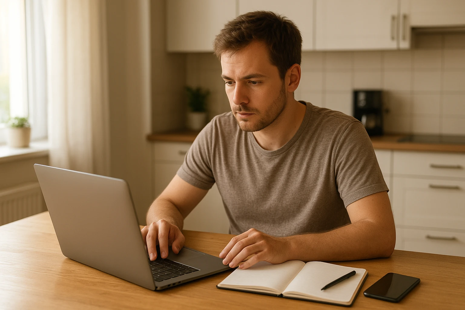 Photorealistic image of a beginner affiliate marketer researching a niche on a laptop at a bright kitchen table, using a notebook and phone, everyday home environment, natural morning light, warm color temperature, authentic and relatable, high detail, no visible brand names.