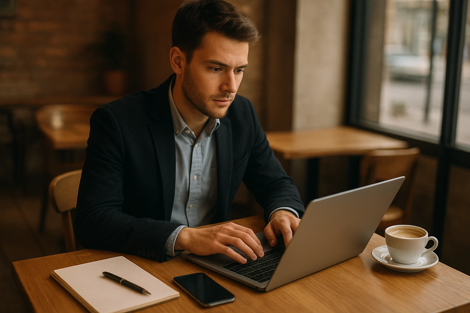 Realistische Außenaufnahme eines jungen Unternehmers in einem Café, der auf dem Laptop Affiliate-Marketing-Recherche macht, mit Smartphone und Notizen auf dem Tisch, dezentes Ambiente, keine Logos oder lesbaren Marken, natürliche Farben, warmes Tageslicht, authentische Lifestyle-Fotografie.