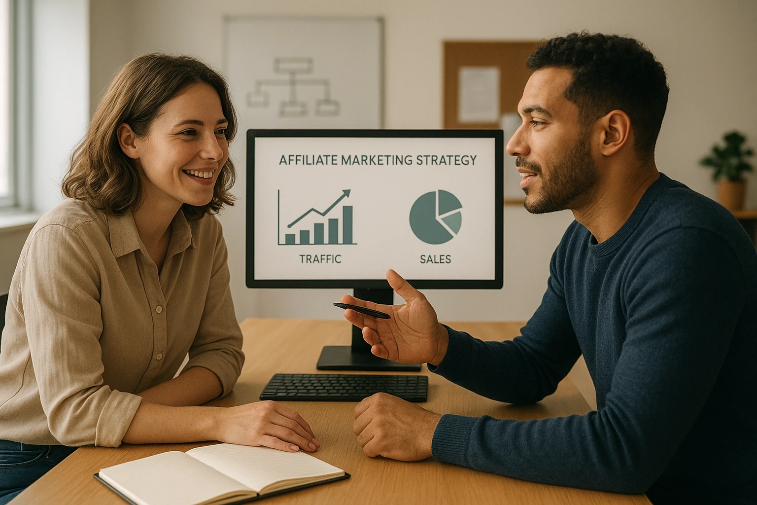Authentisches Startup-/Marketing-Setup in einem kleinen Büro: zwei Personen besprechen eine Affiliate-Marketing-Strategie vor einem Monitor mit einfachen Umsatz- und Traffic-Grafiken, Charts ohne lesbare Zahlen, entspannte professionelle Atmosphäre, natürliche Hauttöne, warme aber neutrale Farbtemperatur, realistische Fotografie.