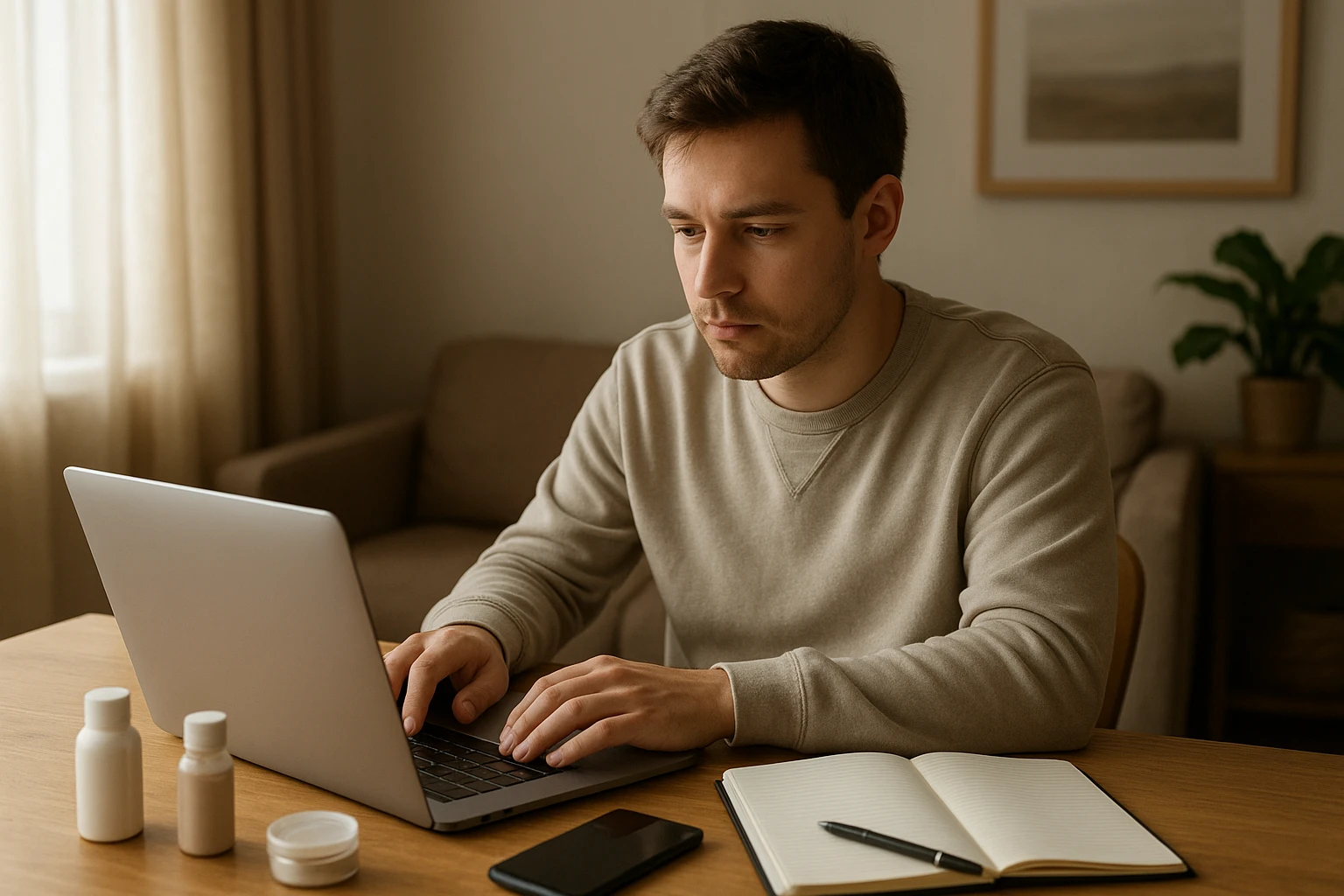 Photorealistic image of a beginner in affiliate marketing setting up a simple niche website on a laptop at home, with notebooks, smartphone, and a few product samples on the desk, cozy but professional environment, soft morning light, natural colors, realistic lifestyle photography, no logos, no readable text.