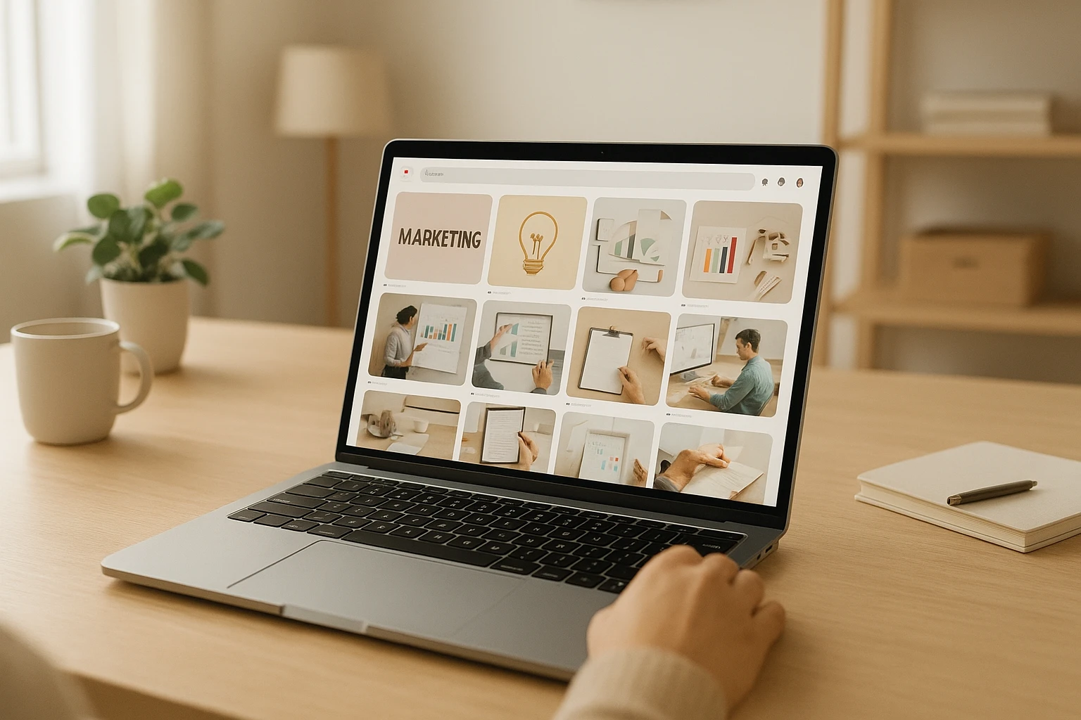 Realistische Szene eines Laptop-Bildschirms mit einer Pinterest-ähnlichen Oberfläche in einem modernen Arbeitszimmer, während eine Person Marketing-Pins organisiert und Produktideen recherchiert, sauberer Schreibtisch, natürliche Lichtstimmung, angenehme warme Farbtemperatur, fotorealistisch, keine erkennbaren Markenlogos, keine lesbaren Texte