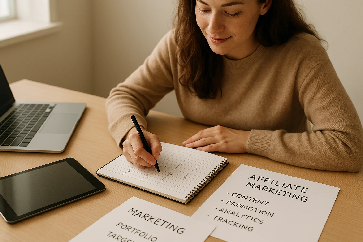 Natural and realistic editorial photo of a content creator planning an affiliate marketing strategy, hands writing a content calendar next to a laptop and tablet, clean desk with subtle marketing notes, soft window light, balanced warm tones, professional but approachable atmosphere, high detail, no text overlays.