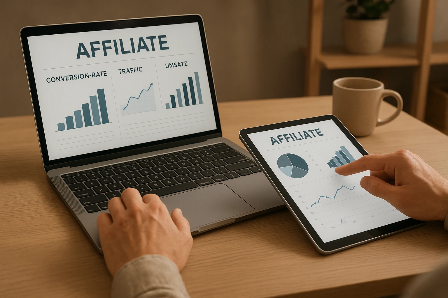 Realistische Nahaufnahme für einen Fachartikel: Hände tippen auf Laptop und Tablet mit Affiliate-Kennzahlen, Conversion-Rate, Traffic- und Umsatzdiagrammen auf den Bildschirmen, moderne Arbeitsumgebung, dezente deutsche Büro-Atmosphäre, natürliche Materialien, warme neutrale Farbtemperatur, scharfe Details, fotorealistisch, horizontal