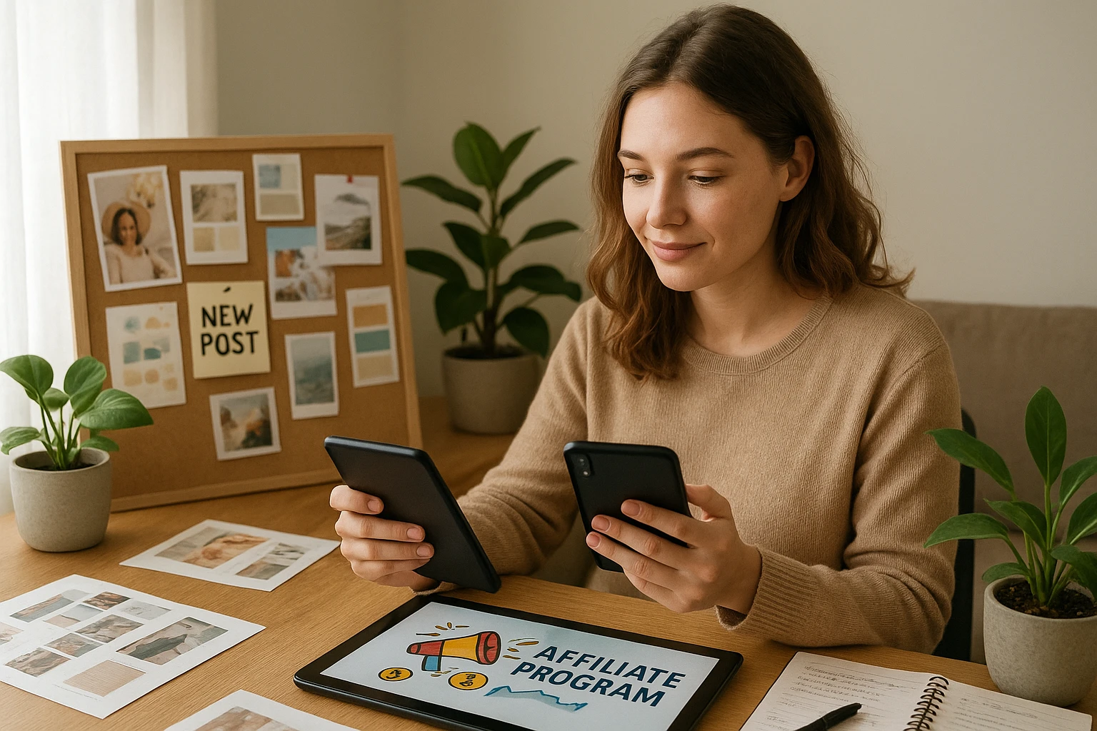 Natürliche Lifestyle-Aufnahme einer kreativen Online-Marketerin, die mit Tablet und Smartphone Affiliate-Pins für Social Media vorbereitet, umgeben von Moodboards, Pflanzen und Notizen, authentische Büro- und Wohnumgebung, weiches Fensterlicht, realistische Hauttöne, ausgewogene Farbtemperatur
