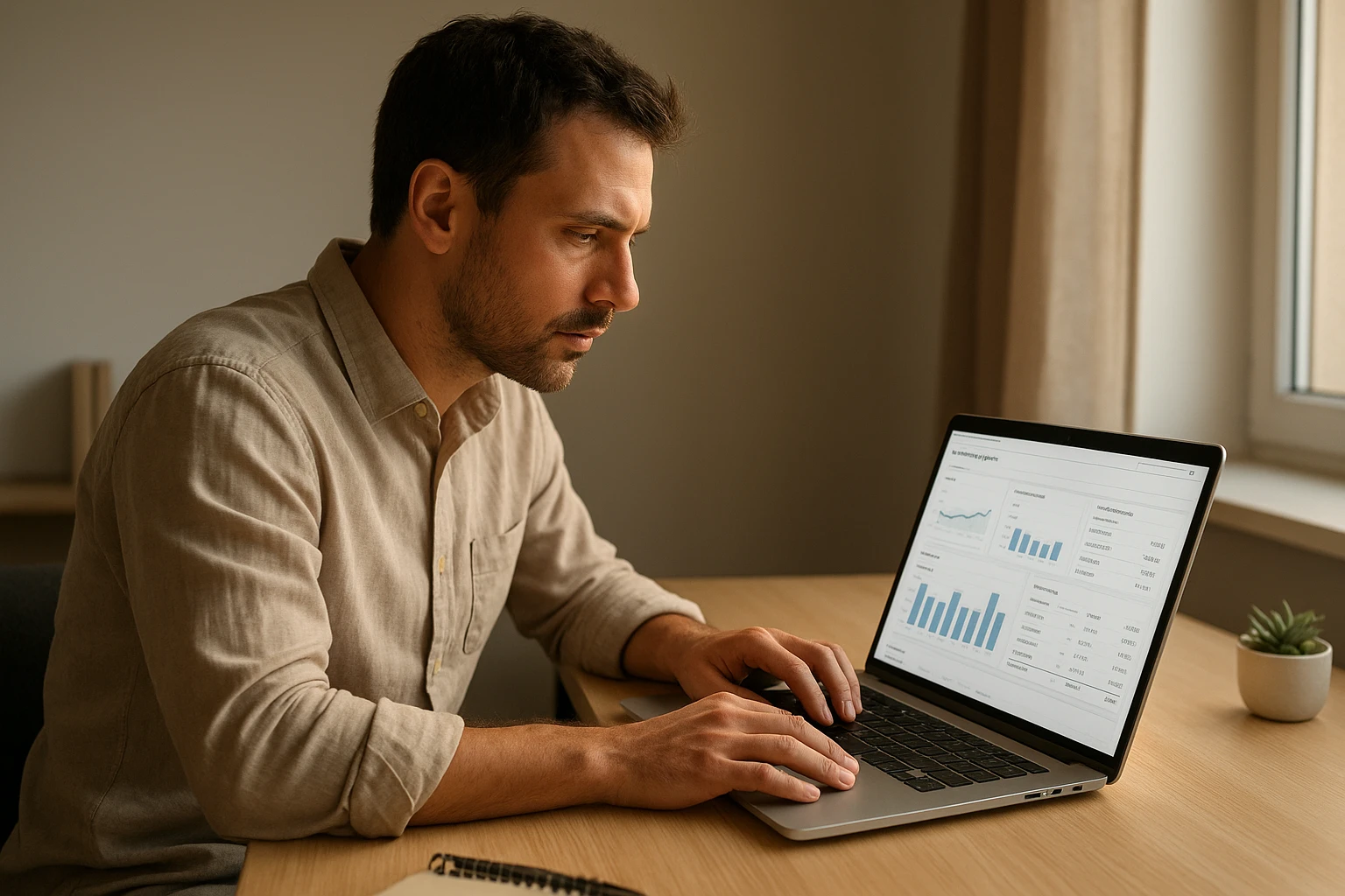 Realistic candid photo of an entrepreneur reviewing affiliate income and campaign metrics on a laptop late afternoon, gentle window light, modern minimal workspace, natural skin tones, balanced warm color temperature, high detail, no brand logos or readable text.