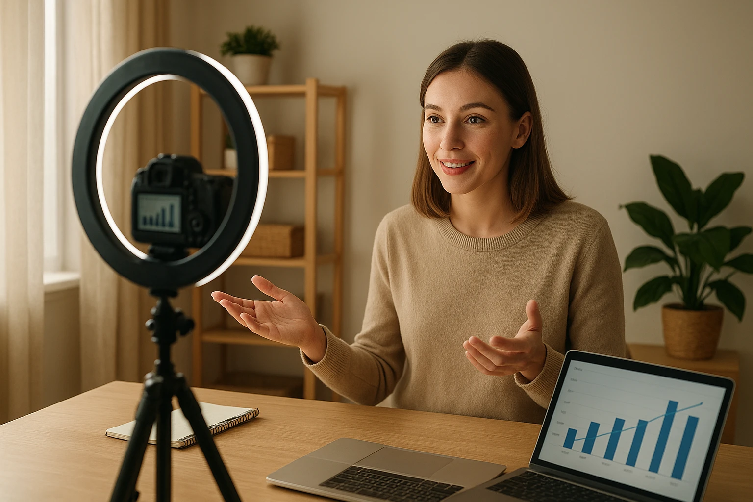 Natural and realistic editorial-style image of a content creator recording a short marketing tutorial in a home studio, ring light softly diffused, laptop with affiliate analytics in the foreground, tidy workspace, warm daylight, authentic and realistic, no logos, no text.