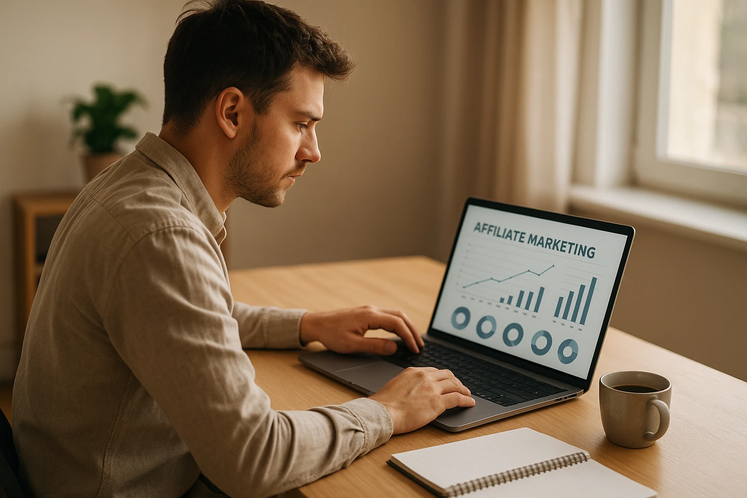 Realistic photo of a young entrepreneur starting affiliate marketing in a modern home office, sitting at a desk with laptop, notebook, smartphone and coffee, looking at analytics on the screen, natural daylight, warm neutral color temperature, authentic lifestyle scene, shallow depth of field, high detail, no visible logos or readable brand names.