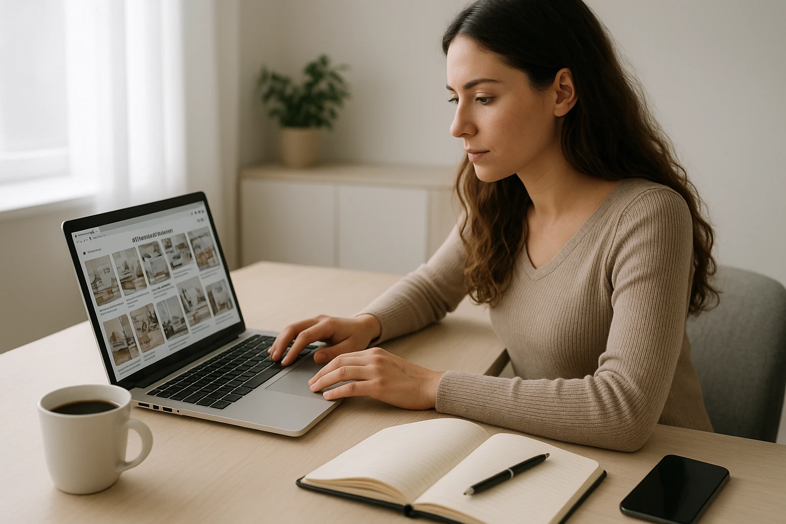 Ein natürliches, realistisches Foto einer jungen Unternehmerin an einem hellen Schreibtisch, die auf einem Laptop Pinterest-Boards für Affiliate Marketing plant, daneben Notizbuch, Smartphone und Kaffeetasse, moderne Home-Office-Atmosphäre, weiches Tageslicht, neutrale und ausgewogene Farbtöne, hoher Realismus, keine lesbaren Markenlogos oder Textüberlagerungen