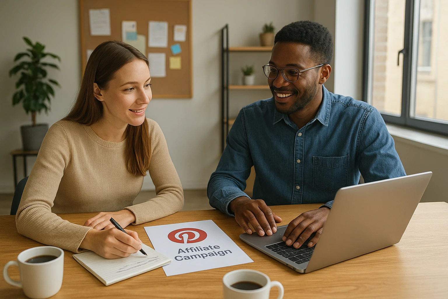Realistische Team-Szene in einem kleinen Startup-Büro: zwei Personen besprechen Pinterest-Content und Affiliate-Kampagnen am Tisch, mit Laptop, Notizen und Kaffeetassen, freundliche Zusammenarbeit, natürliche Tageslichtstimmung, ausgewogene Farbtemperatur, authentisch und modern.