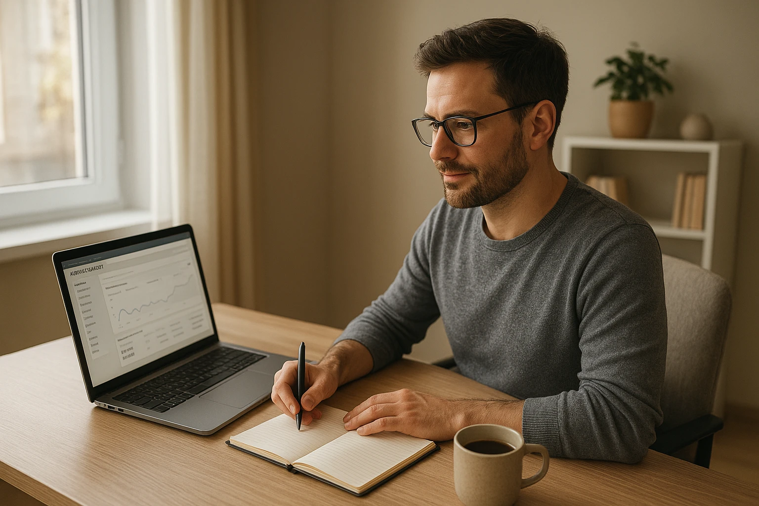 Naturalistic photo of a German online marketing expert in a modern home office, sitting at a desk with a laptop open to an affiliate dashboard, notes, coffee mug, warm daylight, realistic details, neutral color temperature, no visible brand logos, no text overlays.