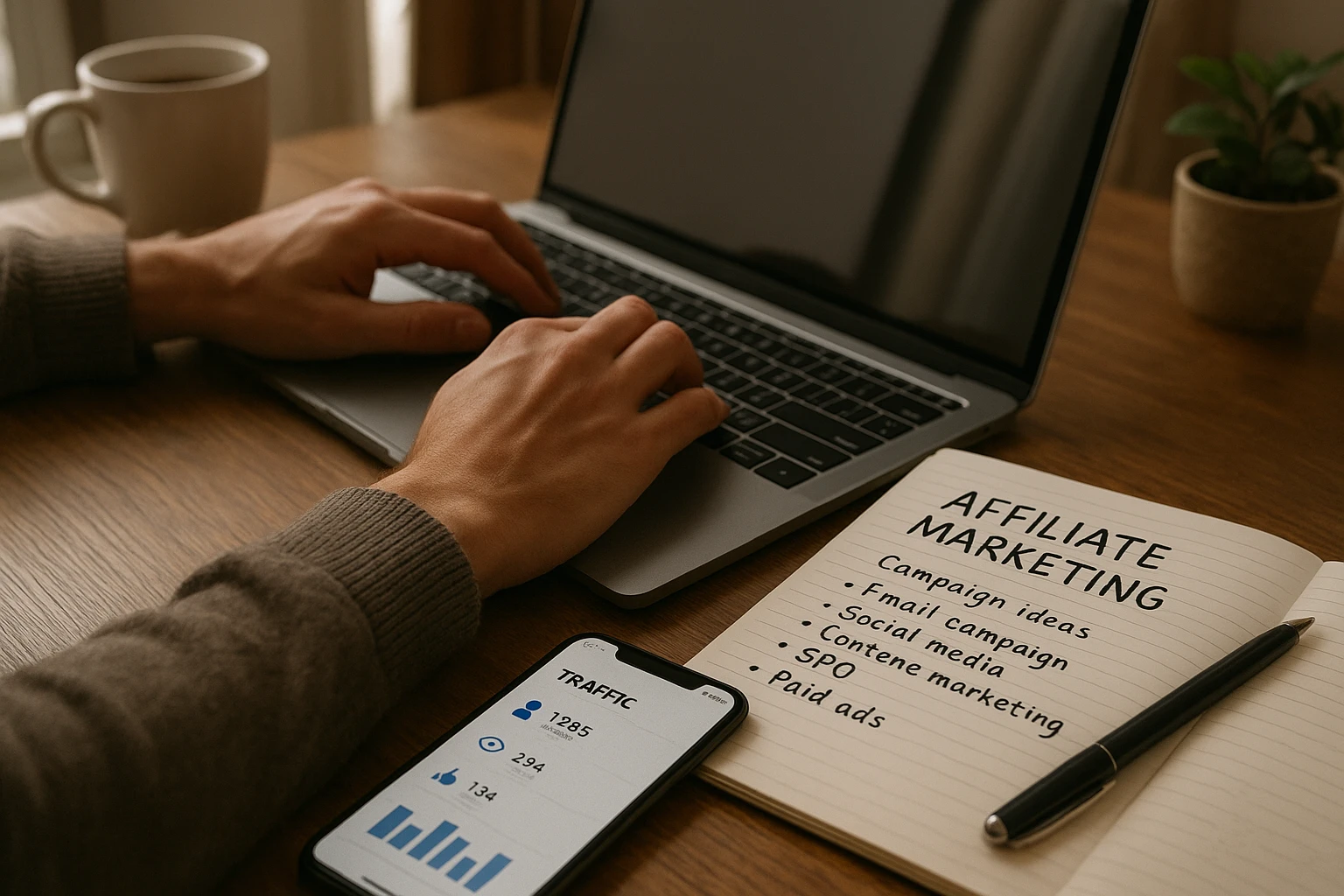 Photorealistic close-up of hands working on affiliate marketing setup: typing on laptop, notebook with handwritten campaign ideas, phone showing social media and traffic metrics, subtle coffee and plant details, natural lighting, realistic German home office, balanced warm color temperature.