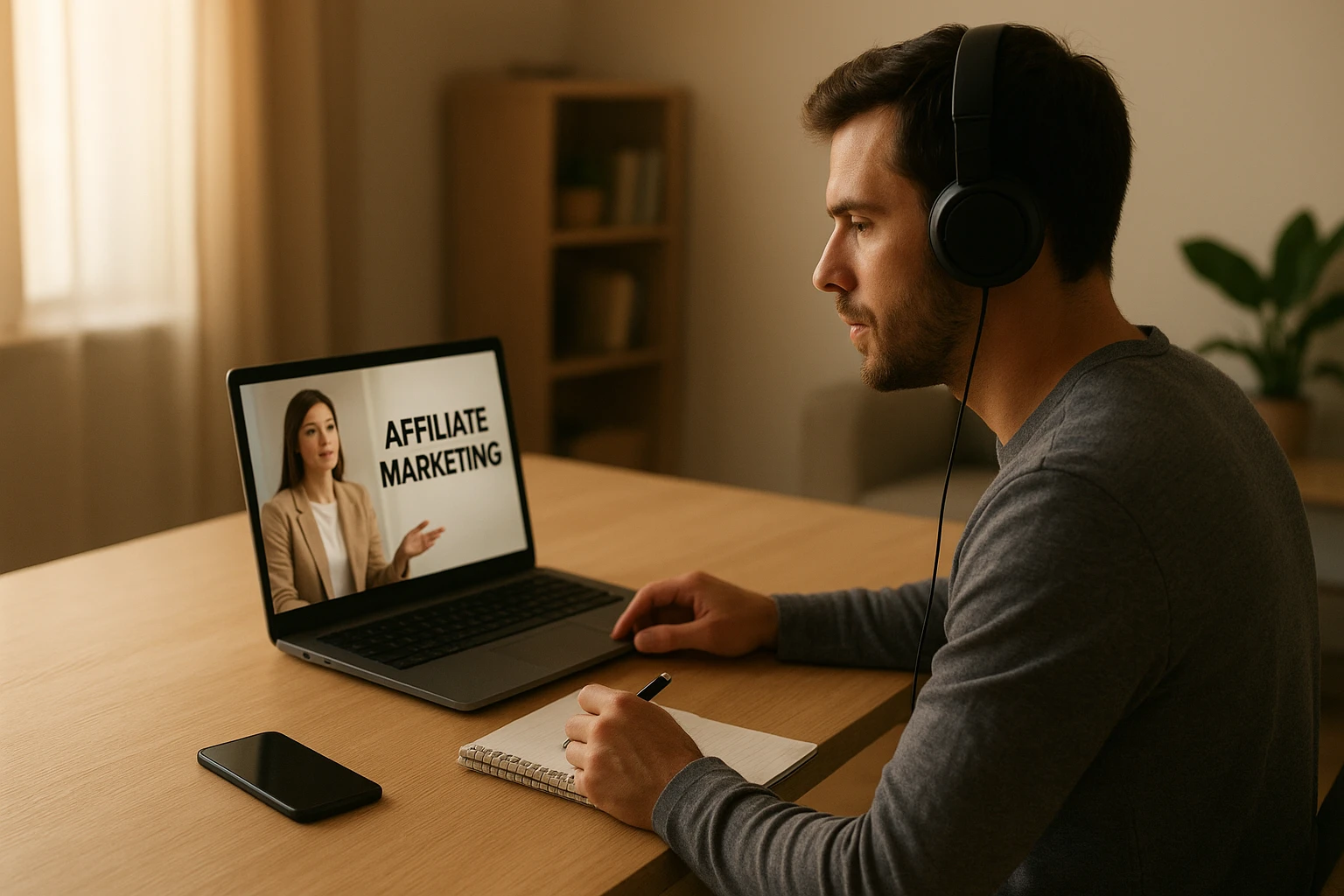 Photorealistic lifestyle image of someone learning affiliate marketing from online courses on a laptop, with headphones, notebook and smartphone on the table, calm home office scene, soft warm light, realistic details, natural color temperature, no readable text or logos.