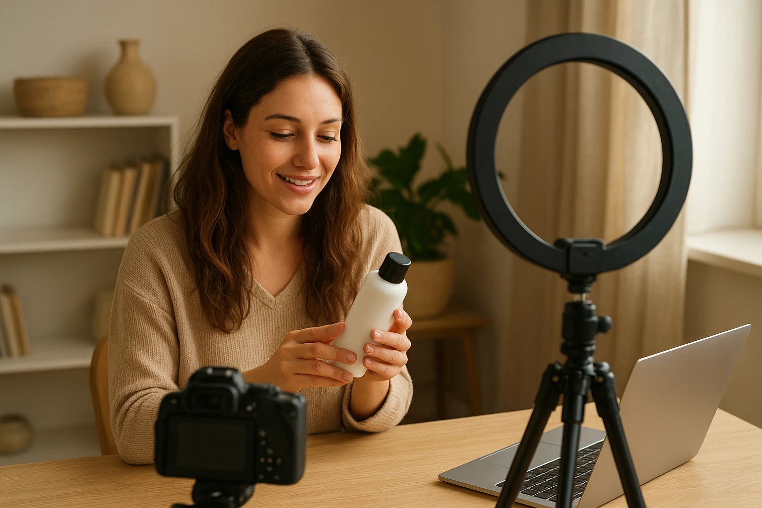 Natural realistic photo of a small online business creator recording a product recommendation video for affiliate marketing in a tidy room, camera tripod, ring light turned off or subtle, laptop open nearby, warm daylight, authentic candid feel, balanced color temperature, high detail, no brand logos.