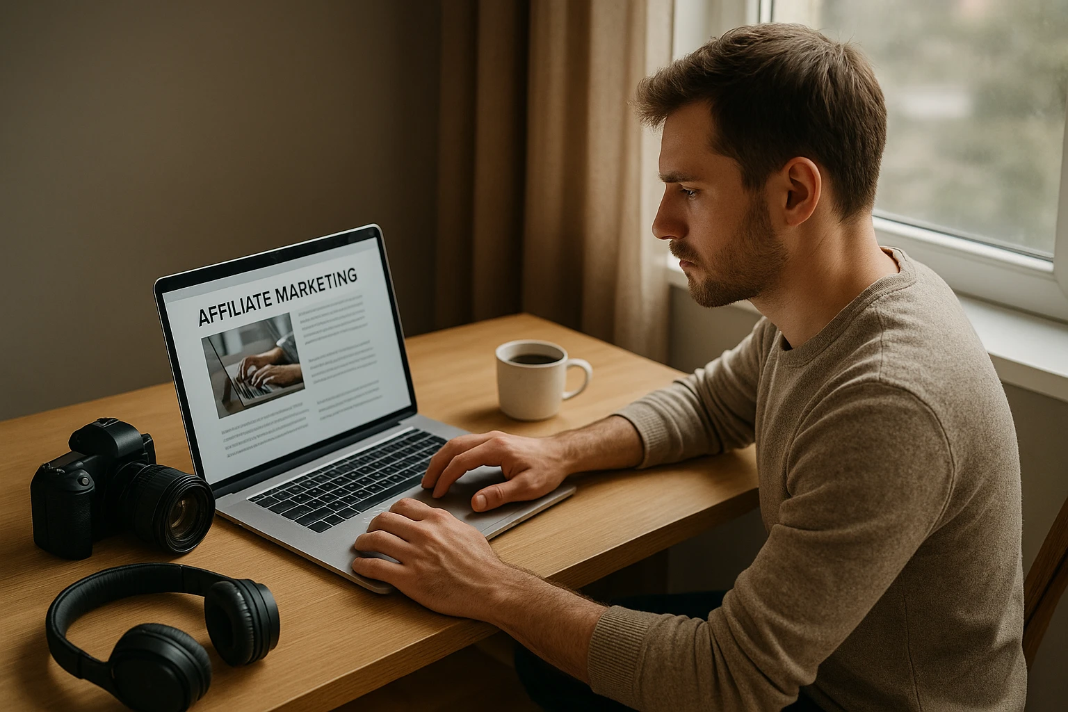 Realistische Szene aus dem Alltag eines Content Creators: eine Person erstellt einen Blogartikel über Affiliate Marketing am Laptop, daneben Kamera, Kopfhörer und Kaffee auf dem Tisch, sichtbare Konzentration und Produktivität, keine Marken, keine Wasserzeichen, natürliches Fensterlicht, hochwertige, natürliche Farbwiedergabe.