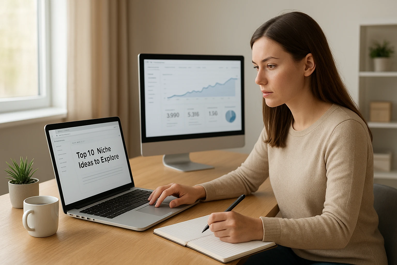 Realistische Szene eines Online-Marketing-Arbeitsplatzes für Anfänger: Person recherchiert Nischen, schreibt Blogtitel und überprüft Performance-Daten auf dem Bildschirm, saubere moderne Umgebung, dezente Farben, natürliche Lichtquellen, warme, ausgewogene Farbtemperatur, seriöse Business-Fotografie.