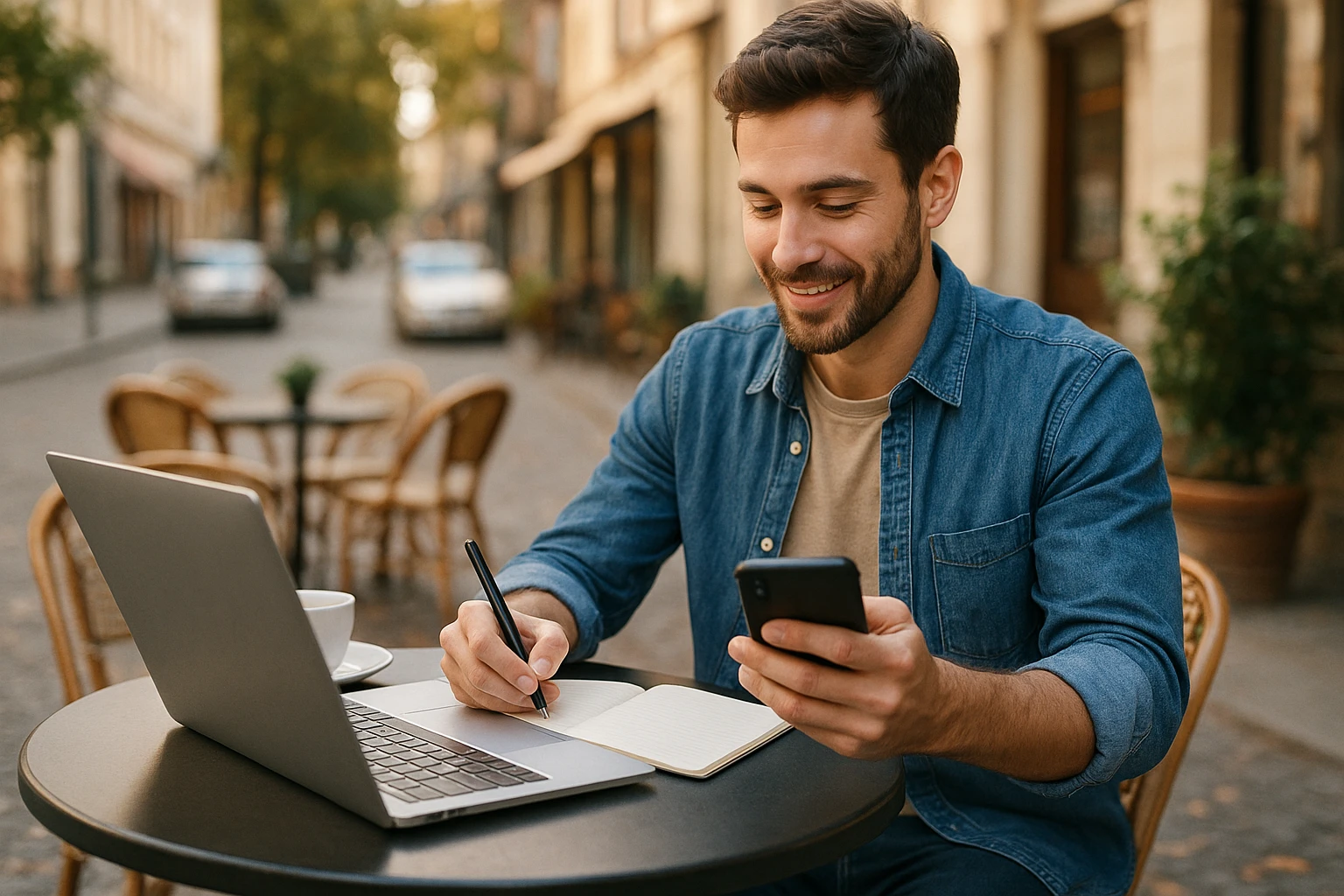 A realistic outdoor café scene of a freelancer planning to start affiliate marketing, using a laptop and phone while taking notes, relaxed urban background, natural light with slightly warm color temperature, authentic candid composition, no brand names or readable text in the image