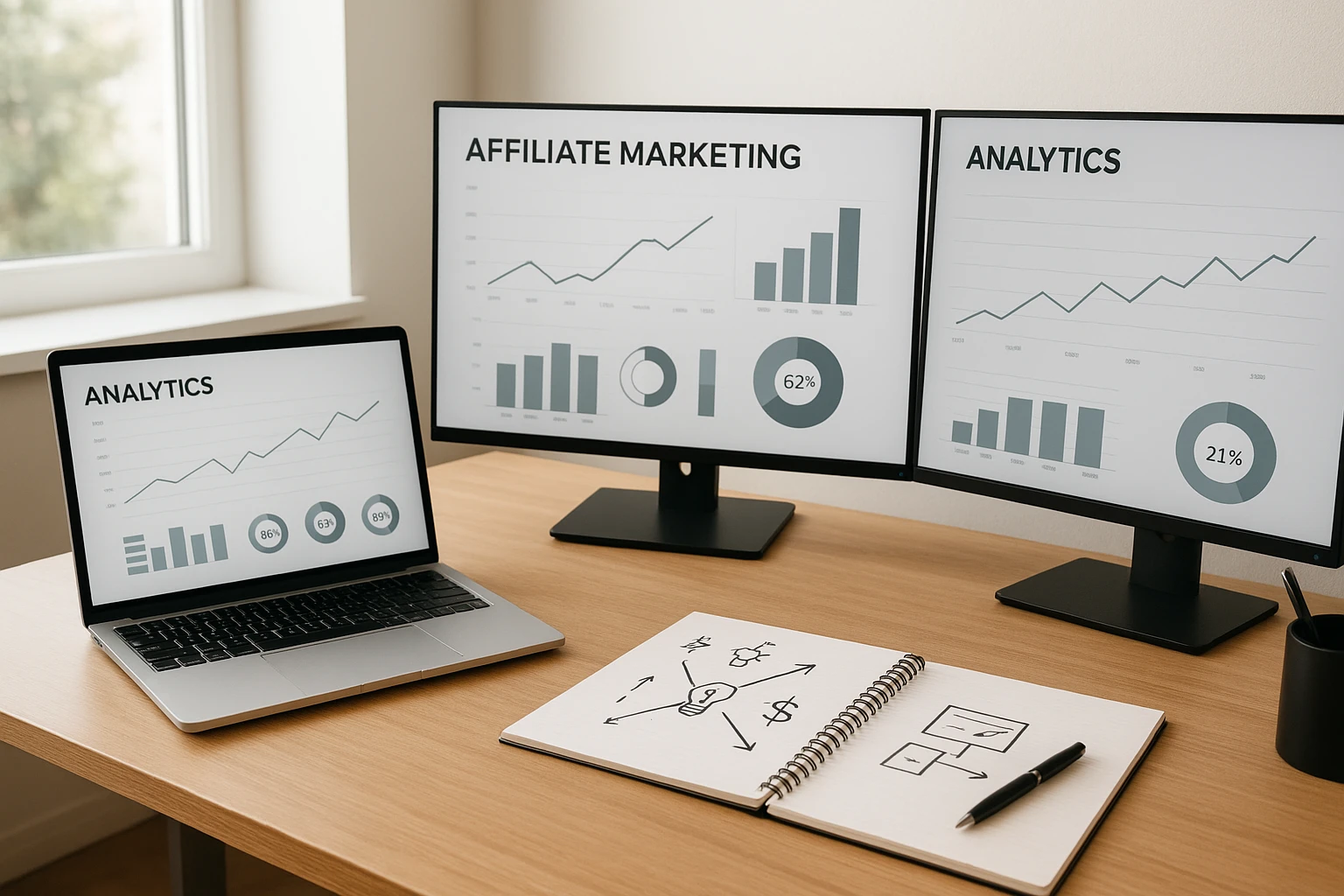 Helle, realistische Aufnahme eines modernen Arbeitszimmers für den Einstieg in Affiliate Marketing: Laptop, zwei Monitore mit neutralen Analytics-Dashboards, Post-its ohne lesbaren Text, ein Notizblock mit strategischen Pfeilen und Symbolen, aufgeräumt und glaubwürdig, natürliche Farben, angenehme Farbtemperatur, professionelle Stock-Fotografie.