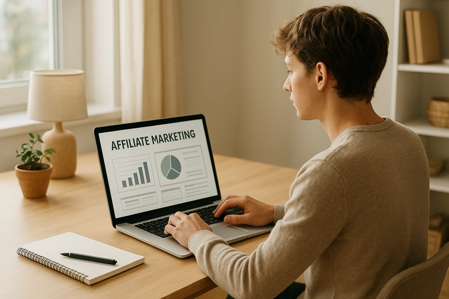 Natürliche, realistische Szene in einem hellen Homeoffice: eine junge Person sitzt am Schreibtisch vor einem Laptop und plant den Start von Affiliate Marketing, auf dem Bildschirm sind neutrale Diagramme und Webseiten-Layouts zu sehen, ohne lesbare Markennamen oder Logos, moderne Einrichtung, warme neutrale Farbtemperatur, authentisches Tageslicht, hochwertige Fotografie.